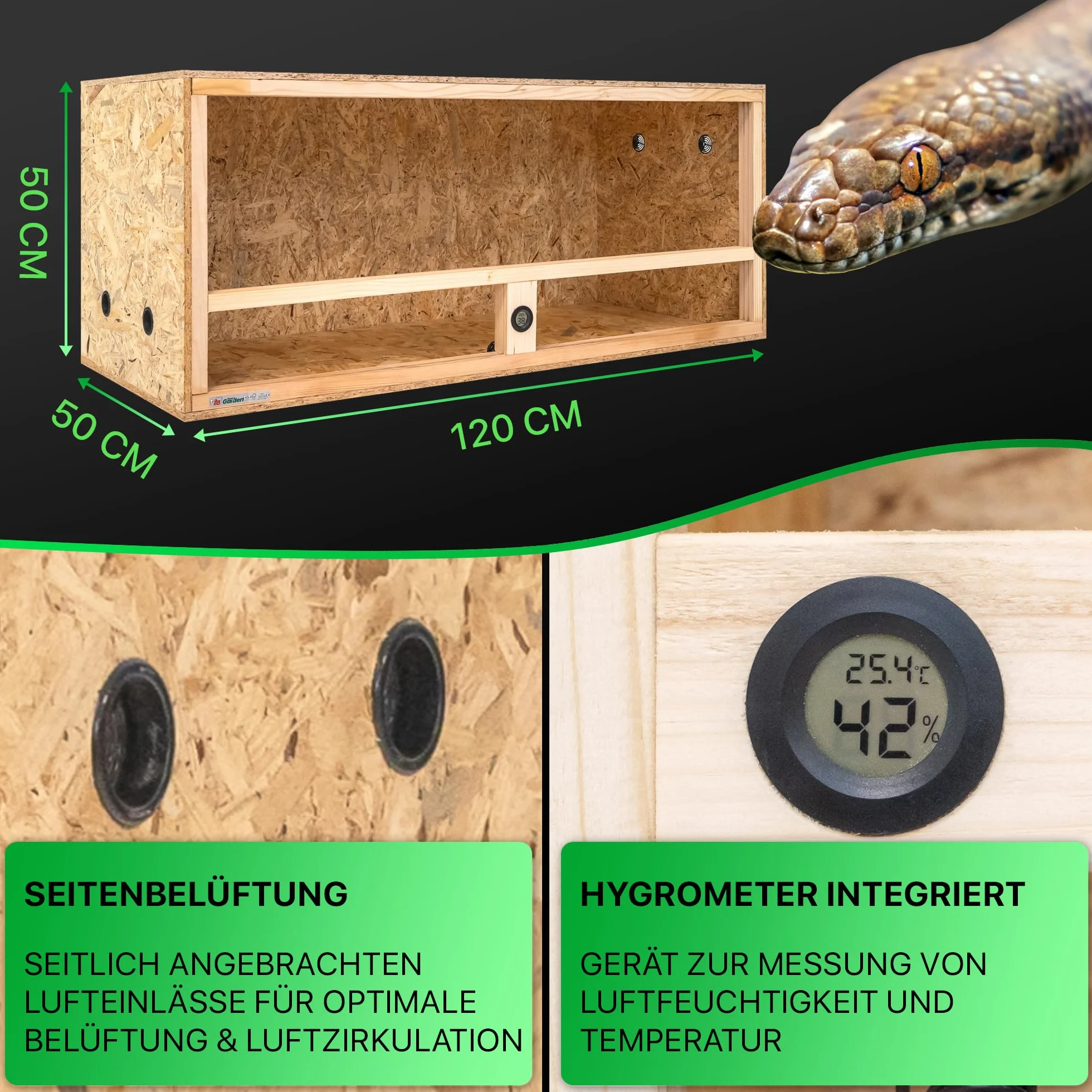 ITA Drewniane terrarium 120 x 50 x 50 cm ze zintegrowaną wentylacją i higrometrem, drewniane terrarium OSB-3, dla gadów, węży, płazów - produkt UE, certyfikat FSC