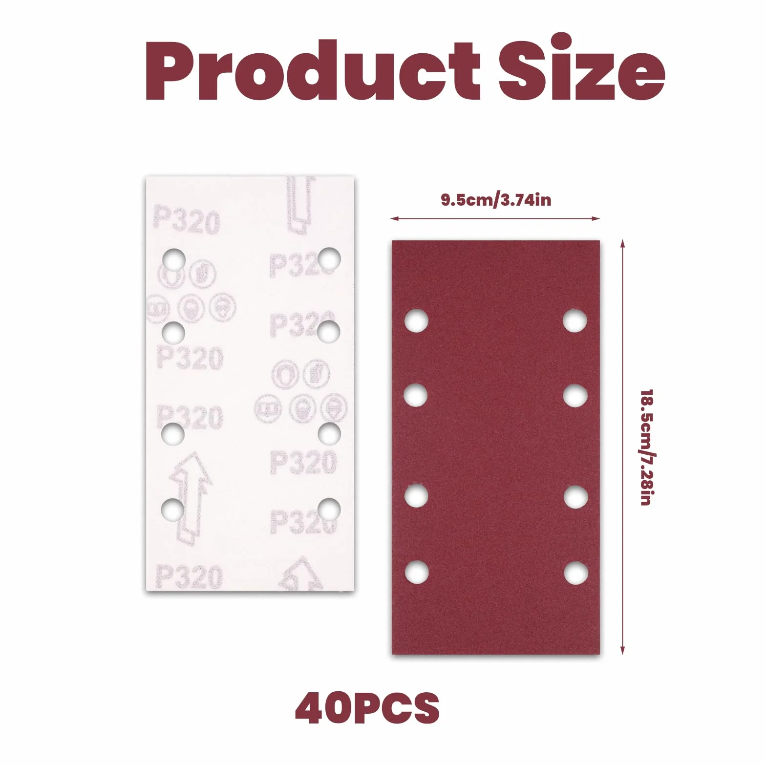 40 sztuk papieru ściernego, na rzep, ziarnistość: 60, 80, 120, 180, 320, 600, 800, 1000, 95 x 185 mm, papier ścierny do szlifierek oscylacyjnych, zestaw 8 otworów, prostokątna podkładka szlifierska do