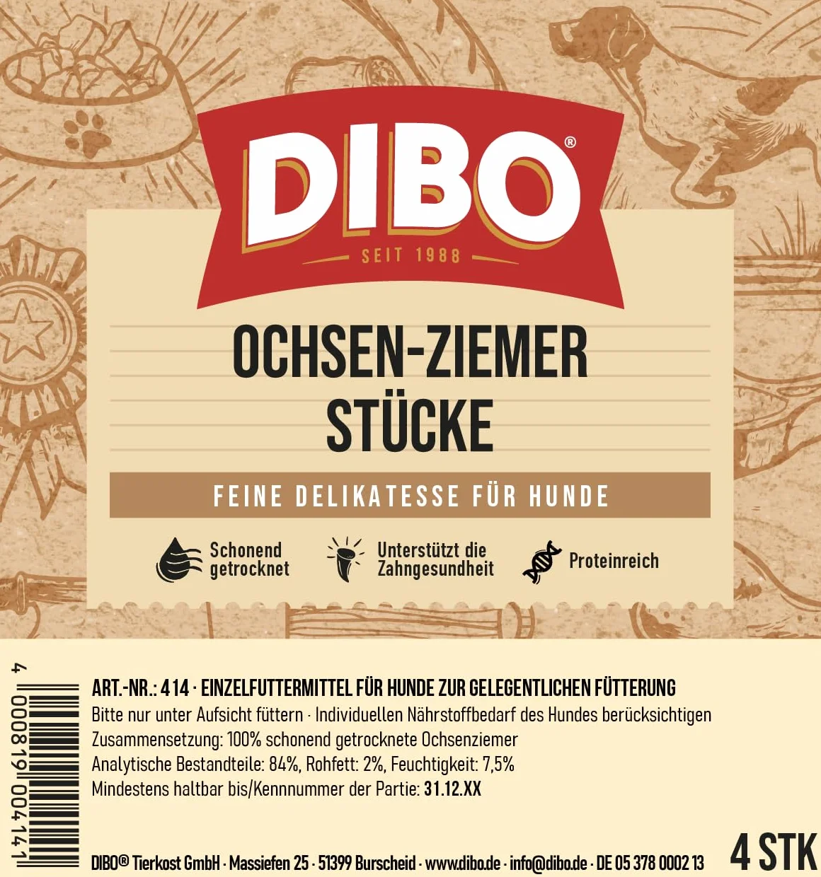 DIBO Kawałek do żucia dla psów 12 cm 4 sztuki naturalny smakołyk