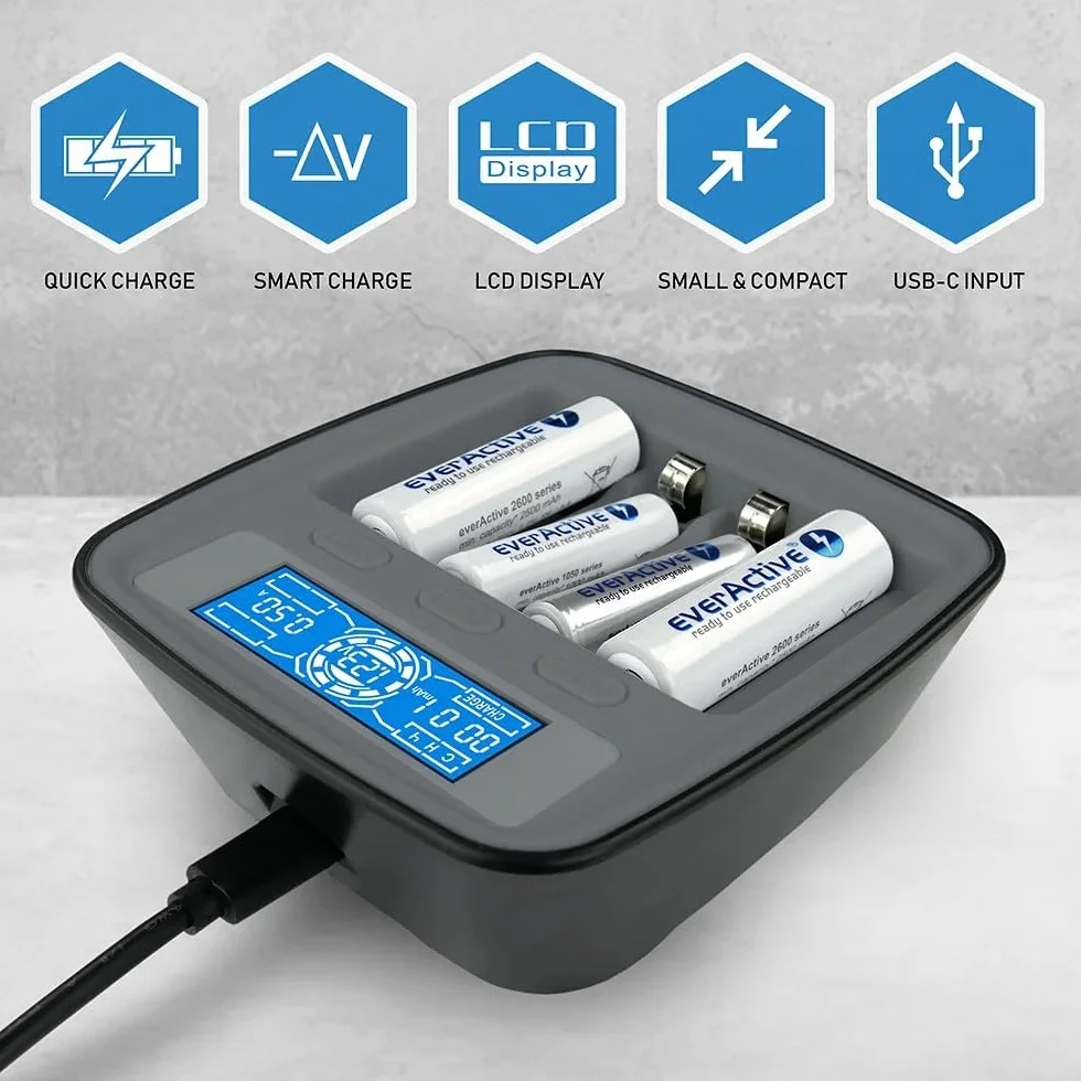 Inteligentna ładowarka do akumulatorów AAA/AA Ni-MH/Ni-Cd, LCD, USB-C, 4 sloty, tryby ładowania/rozładowania/testowania