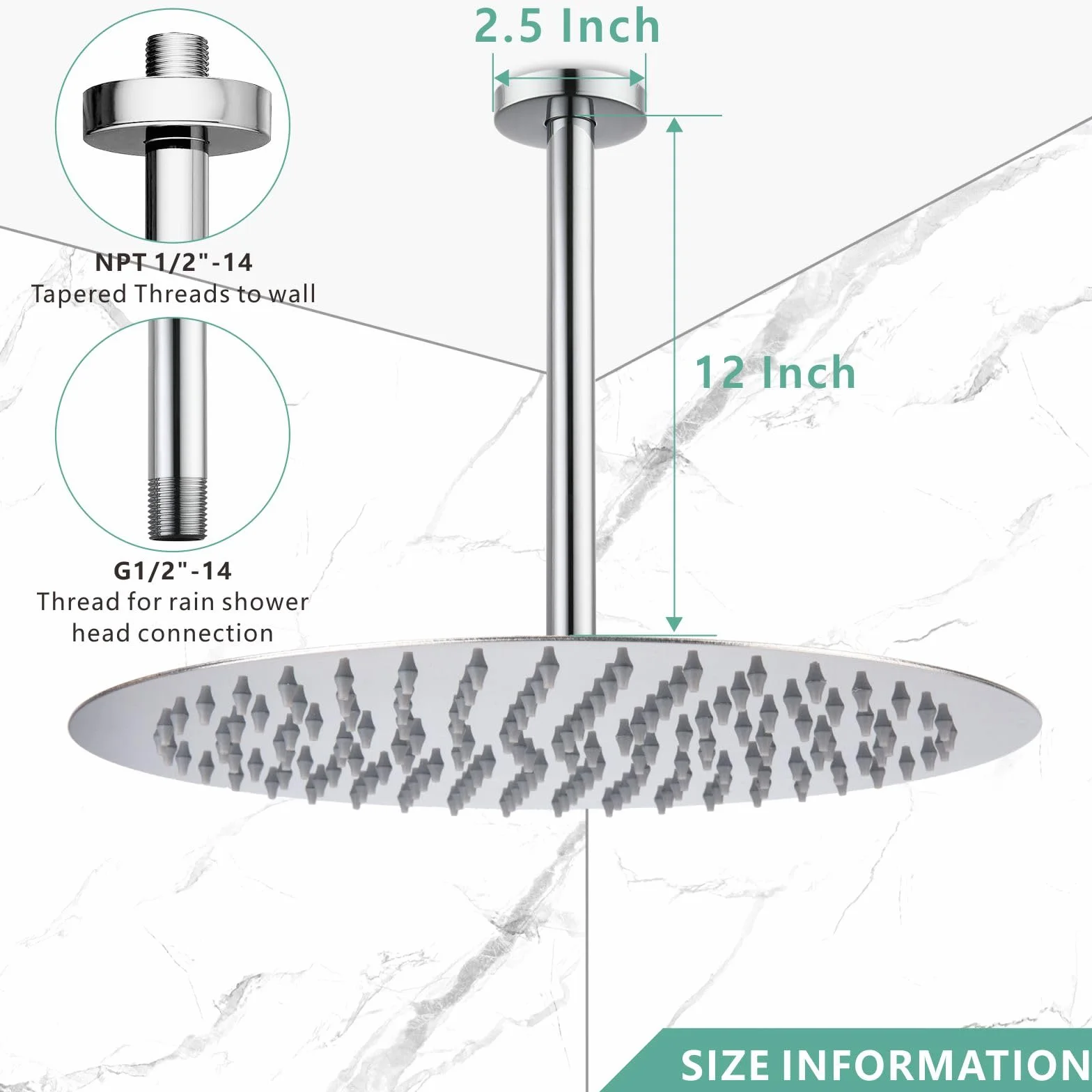 Ramię prysznicowe Voolan z kołnierzem, zamontowany sufit stały wąż prysznicowy, proste ramię wymienne do łazienki, uniwersalne przyłącze 1/2 NPT (30 cm, chromowane)