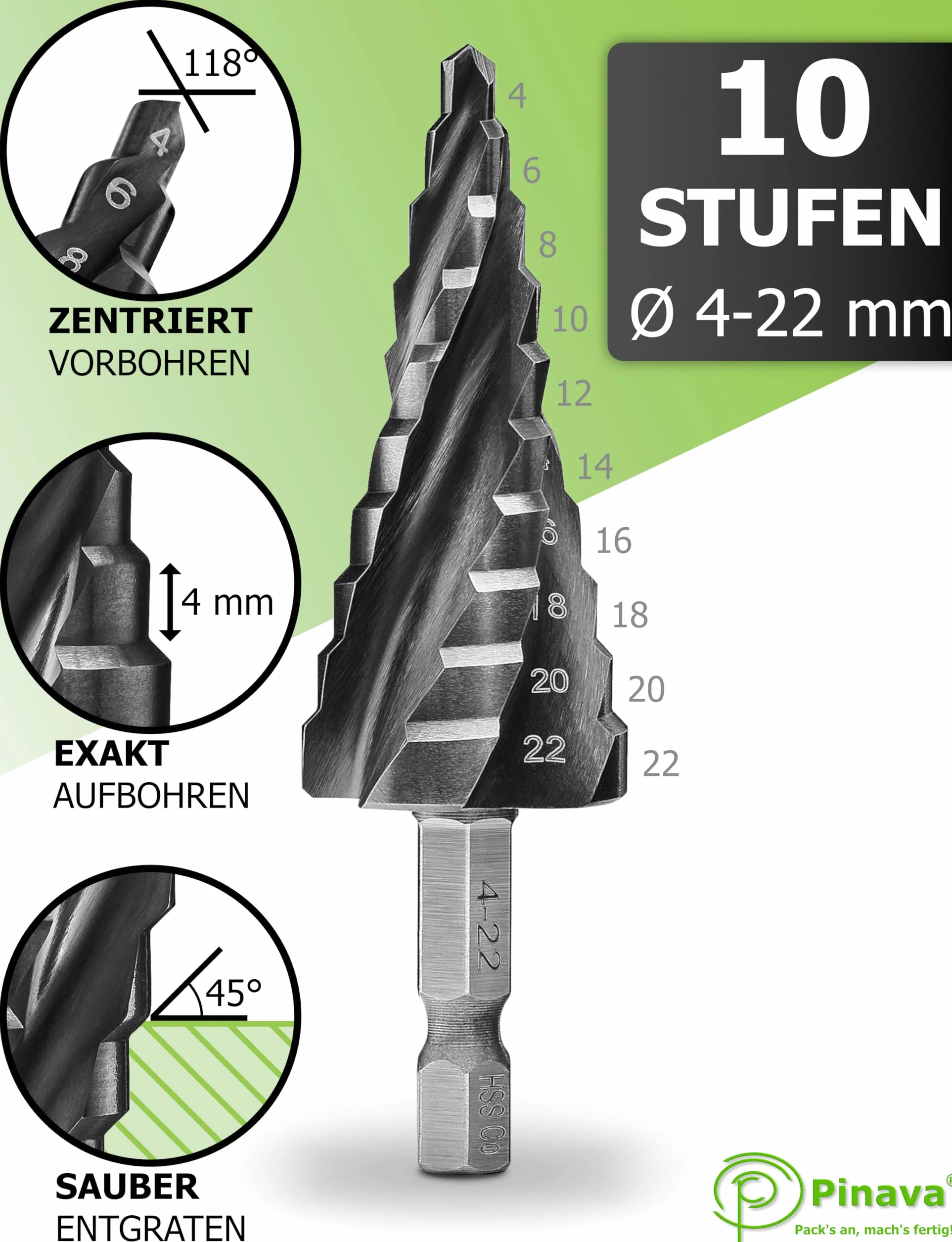 Pinava Wiertło stopniowe HSS Cobalt Pro 4XSPIRAL [szybsze, bardziej precyzyjne, trwalsze] Ø 4 – 22 mm – profesjonalne wiertło stożkowe do stali nierdzewnej, metalu, drewna, tworzywa sztucznego