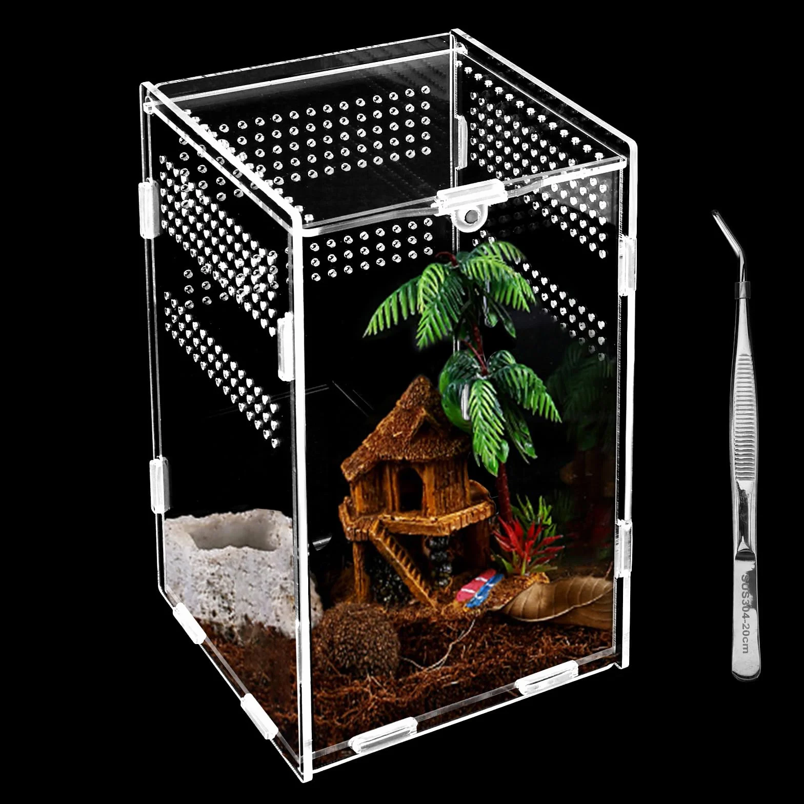 Terrarium akrylowe 20 x 12 x 12 cm, pudełko do karmienia owadów z zaciskami łokciowymi, przenośne pudełko do hodowli zwierząt domowych, konstrukcja zapobiegająca ucieczce
