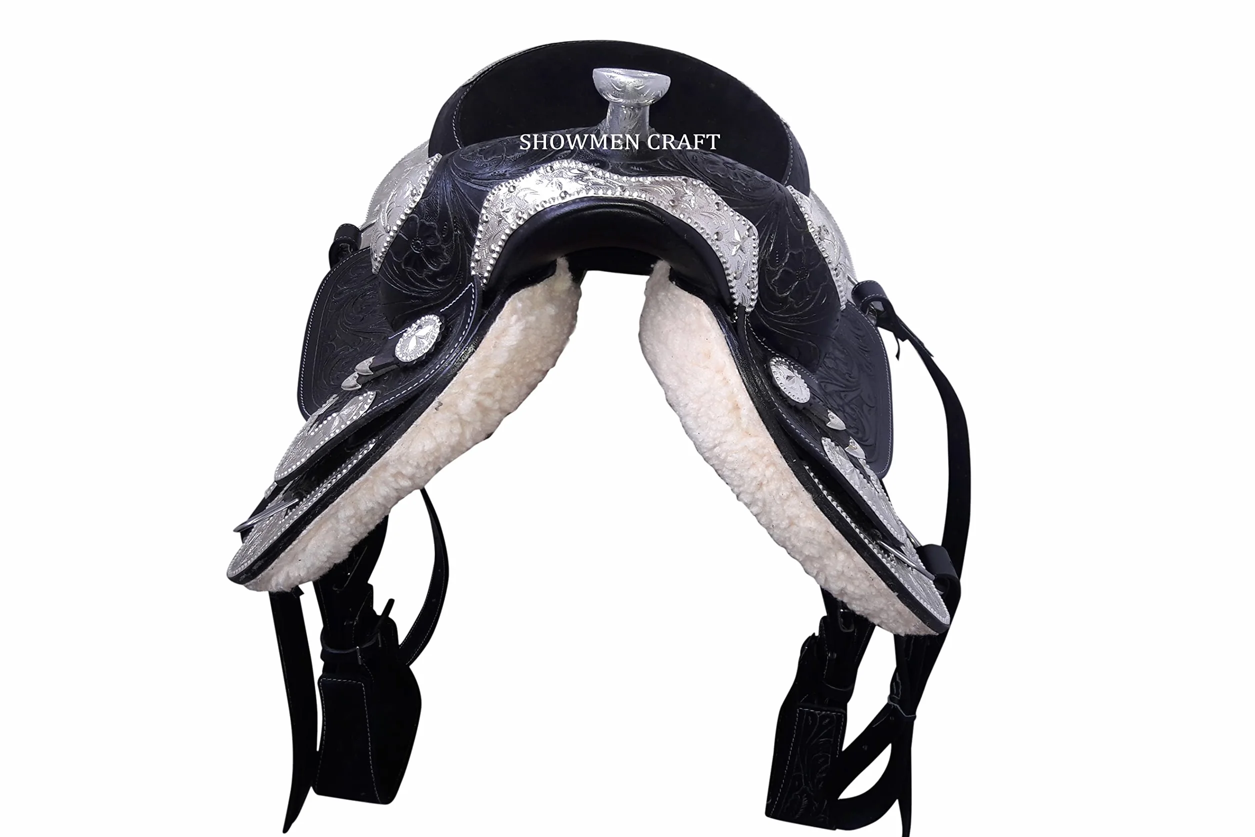 Western Saddle dekoracyjny srebrny strój wystawowy z nakryciem głowy i rozmówcą piersi 40 cm