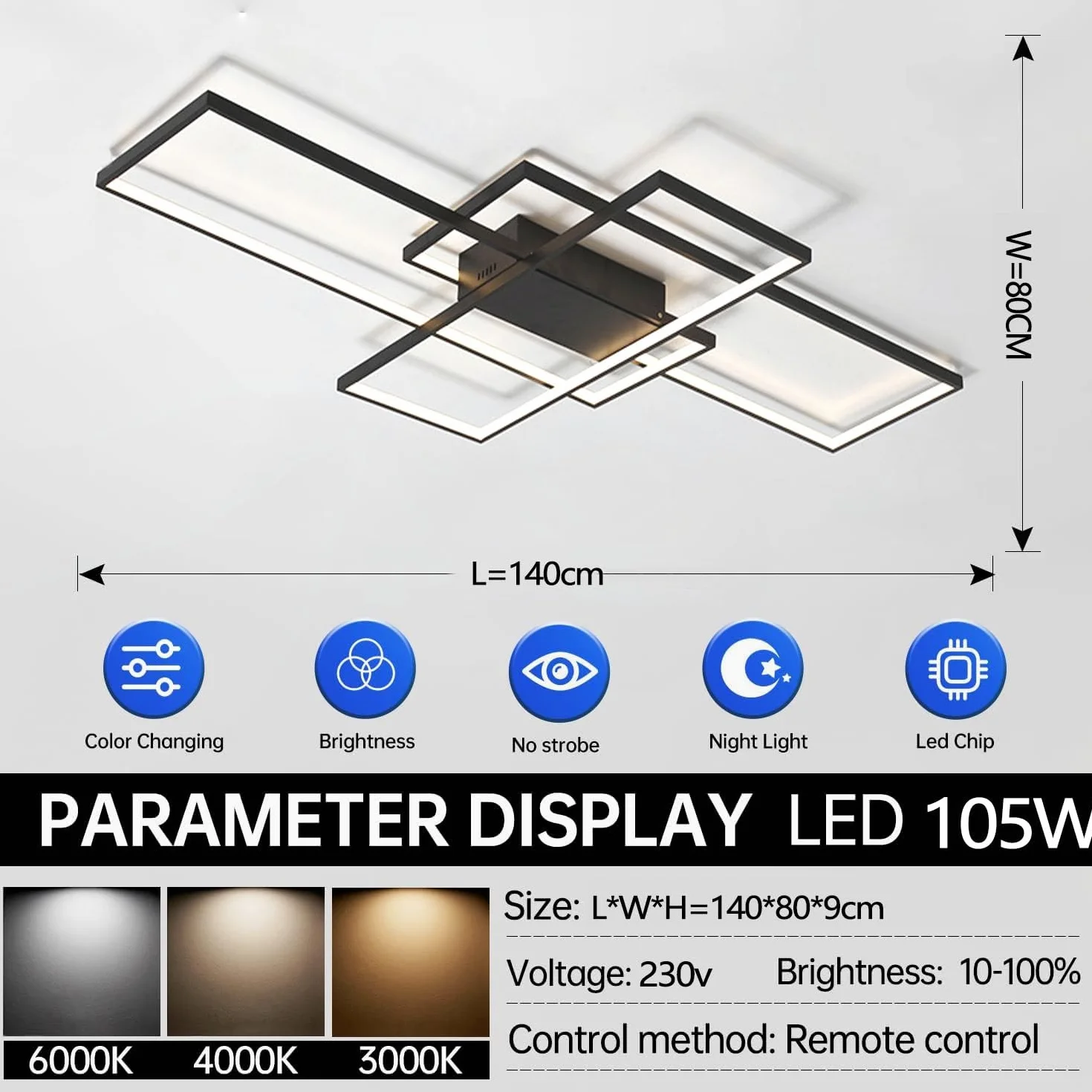 ASJK Lampa sufitowa Czarna 105W Nowoczesna lampa do salonu z pilotem, 3000k-6000k Geometryczne wielofunkcyjne oświetlenie sufitowe do salonu (140cm, czarny)