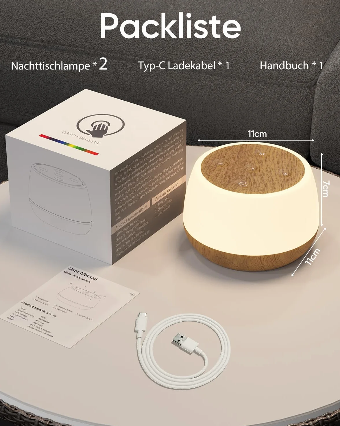 Lampka nocna do pokoju dziecięcego, zestaw 2 sztuk, lampka nocna ładowana przez USB, bezstopniowe ściemnianie, 3 tryby i 9 zmieniających się kolorów, przenośna lampa dotykowa dla dorosłych z pomiarem