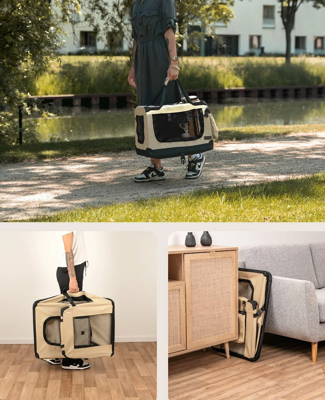 lionto Składany transporter dla psa do podróży i samochodu, 50x34x36 cm, wytrzymały transporter z uchwytami i kocem dla kota i psa do 10 kg, mocna torba z tkaniny, beżowy
