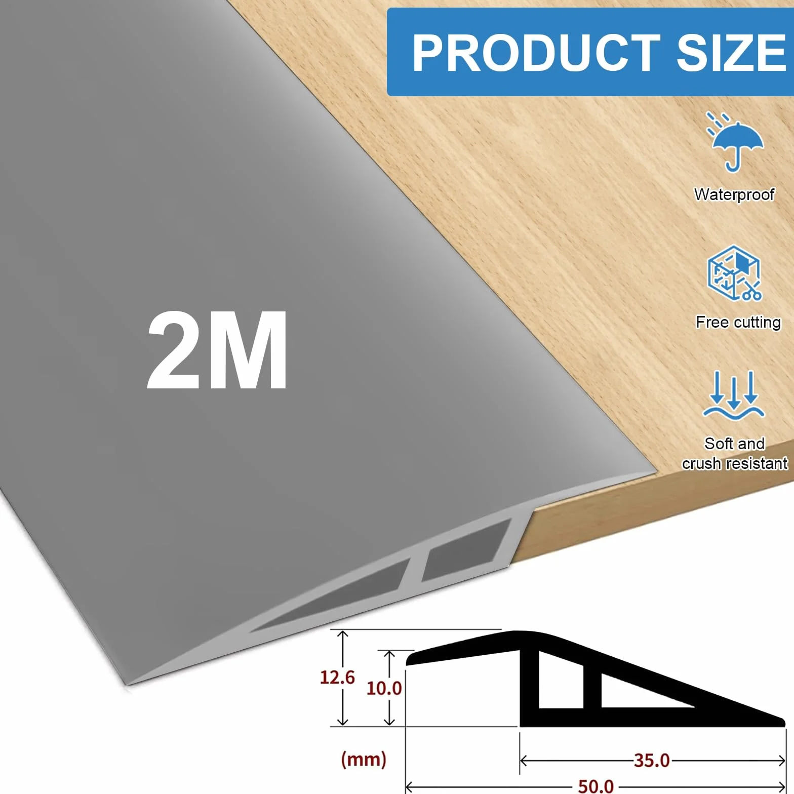 Listwa Progowa Samoprzylepna 2M * 5CM, Próg Drzwiowy z PVC, Listwa Wyrównująca Poziom Podłogi do Wysokości Progu 5 mm ~ 10 mm, Listwa Przejściowa do Podłóg (Szary)