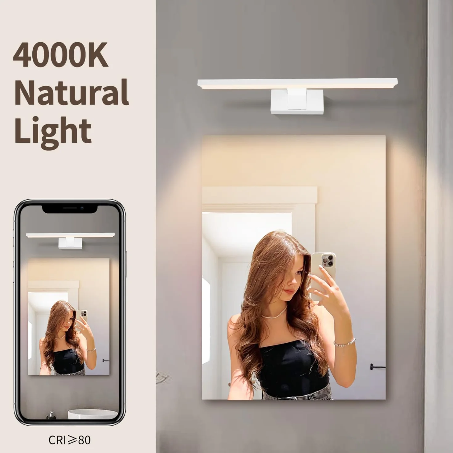 Aigostar Lampa Łazienkowa nad Lustro LED 40cm - Kinkiet Łazienkowy Biała IP44, 3 Sposoby Montażu, 4000K Neutralna Biel, 8W 560lm, 230V