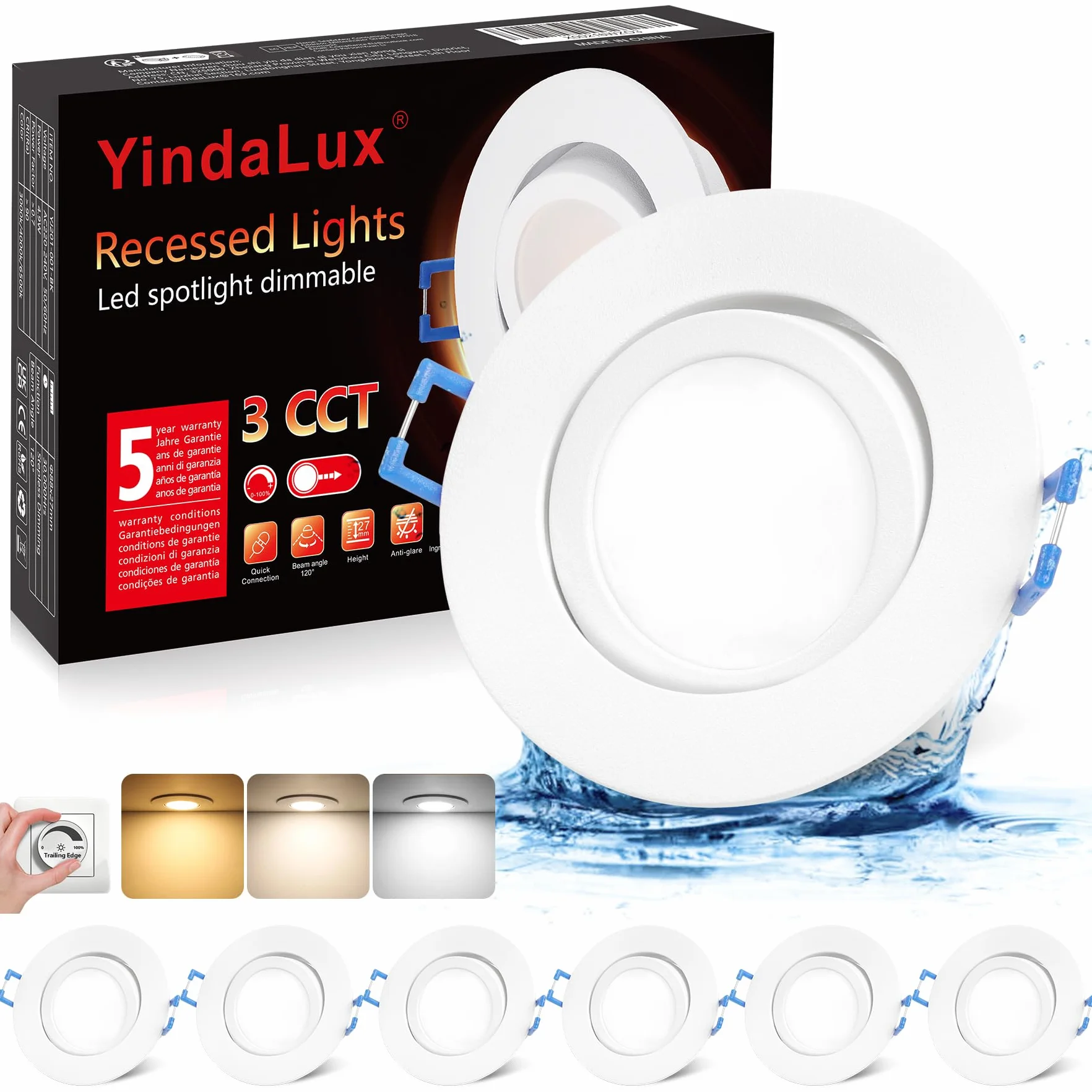 YindaLux Reflektor LED 5 W do zabudowy, płaski, 68 mm, IP44, 3000 K/4000 K/6500 K, oświetlenie punktowe do łazienki, możliwe ściemnianie, obracane sufitowe