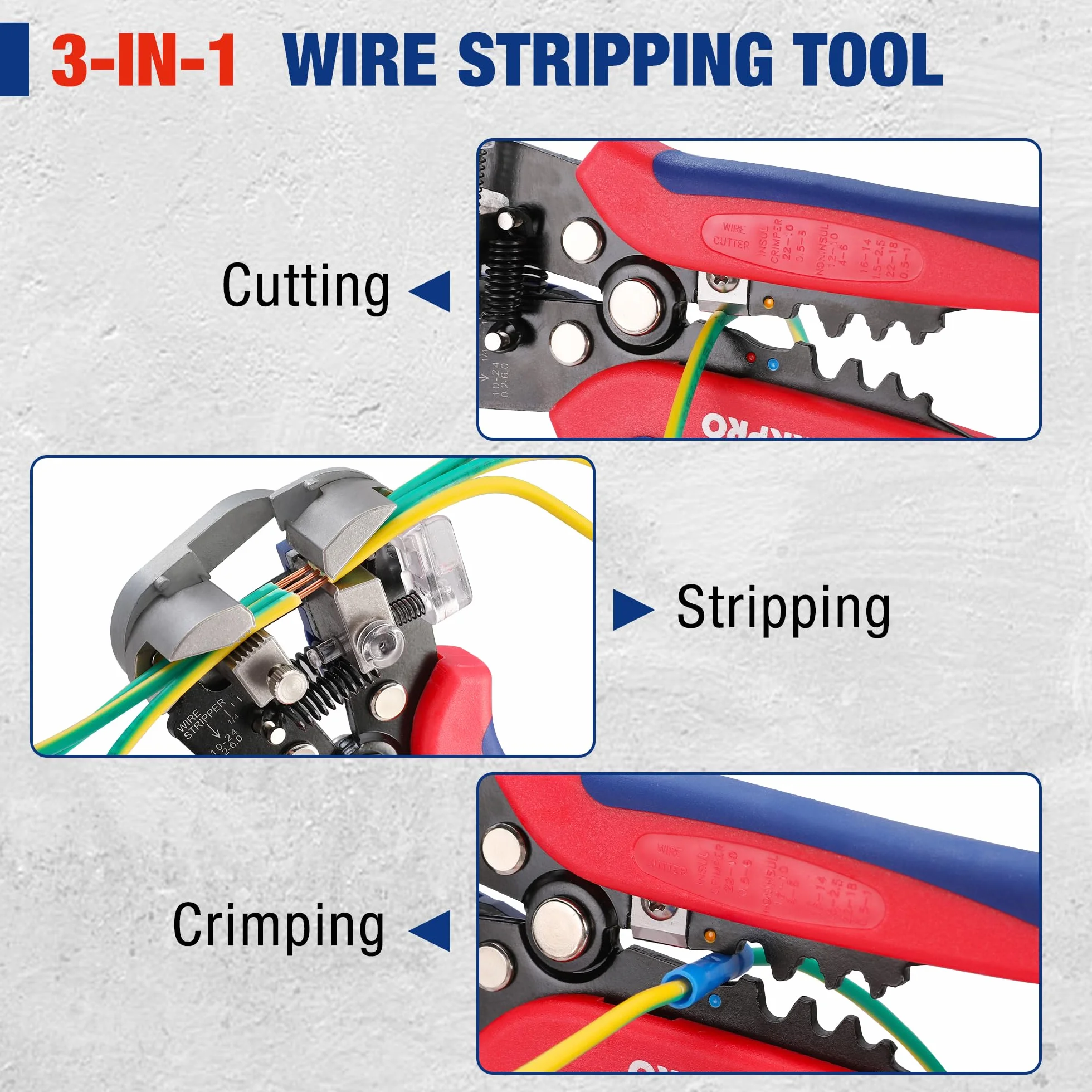 WORKPRO Pince à Dénuder Automatique 200mm 3 en 1 AWG 24-10 (0,2~6,0mm²)