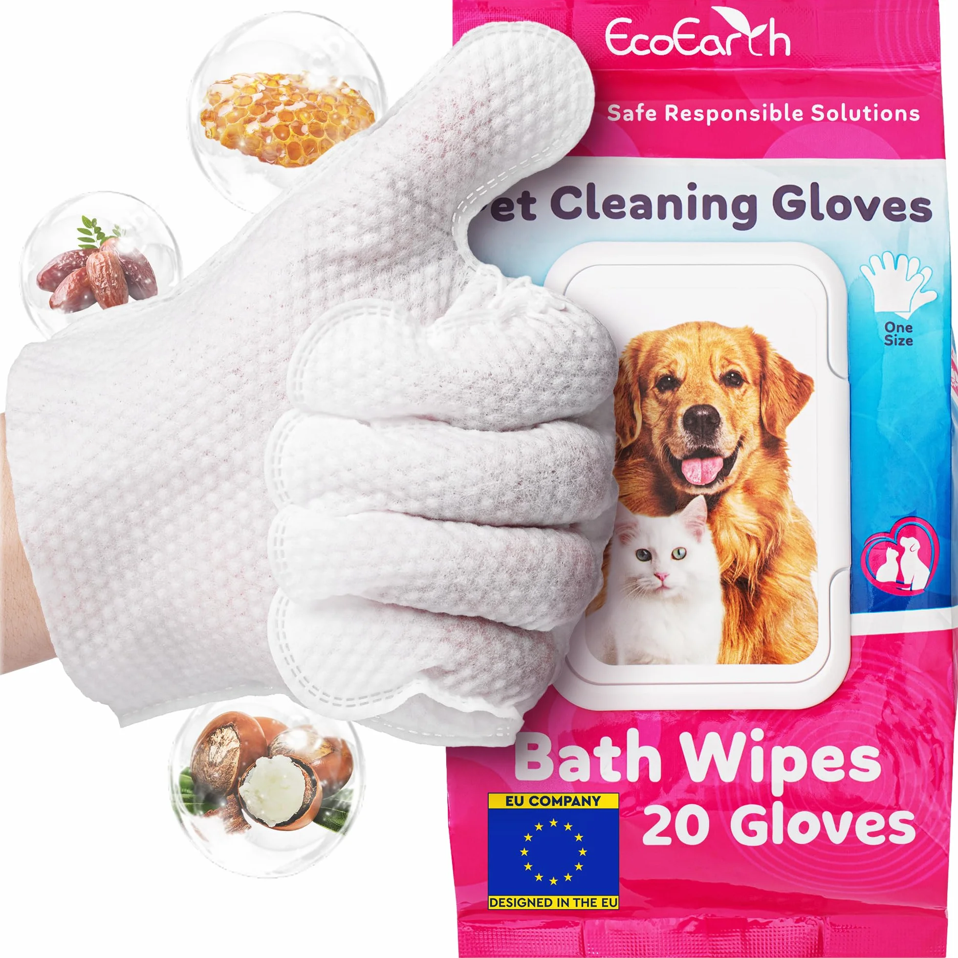 Premium Pet Cleaning Gloves for Dogs & Cats - 1 Bag of 20 Pieces - Disposable Glove Wipes for Bathing, Deodorising & Grooming - Dog Bath Mitts