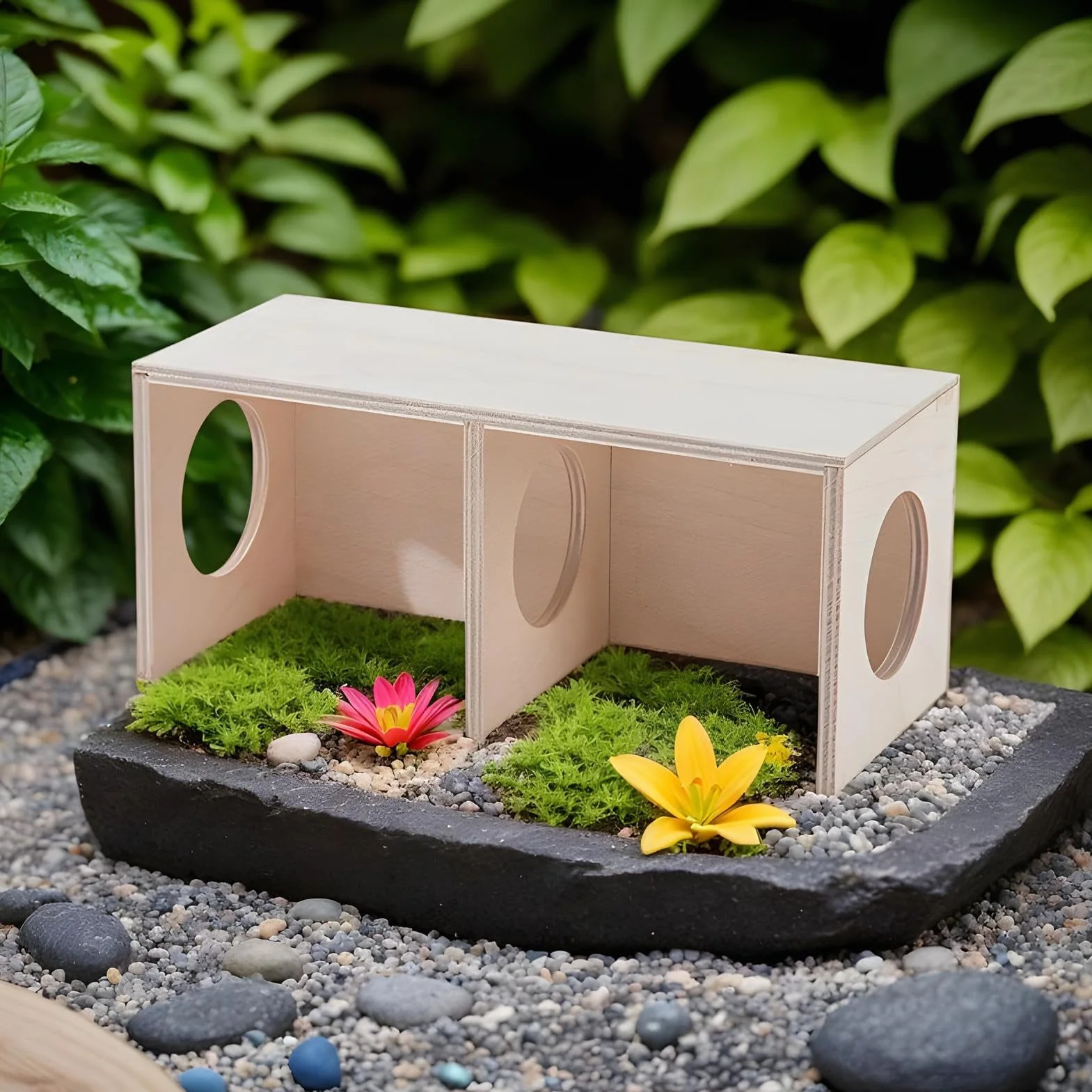 Wooden Hamster Hide Habitat, 2-Chamber Multi-Room Small Animal House, Natural Maze and Landscape for Hamsters Mice Gerbils, Stylish Pet Shelter and Living Room Decor, 20x10x9cm, 25x11x11cm