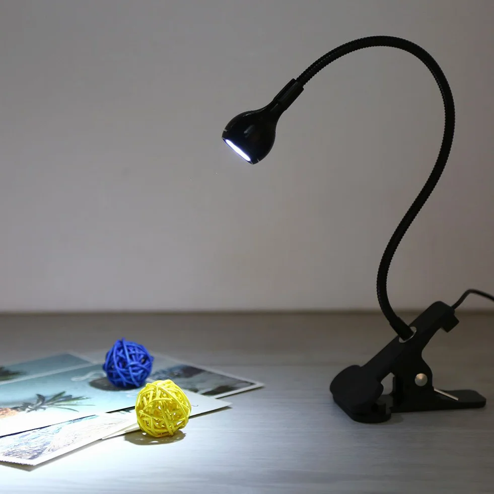 Nowa, Elastyczna Lampka z Klipsem na Gęsiej Szyi, Lampka Stołowa LED USB, Lampka do Czytania, Przenośna Lampa Stołowa do Komputera, z Klipsem, Zimna Biel 1W (BLACK)