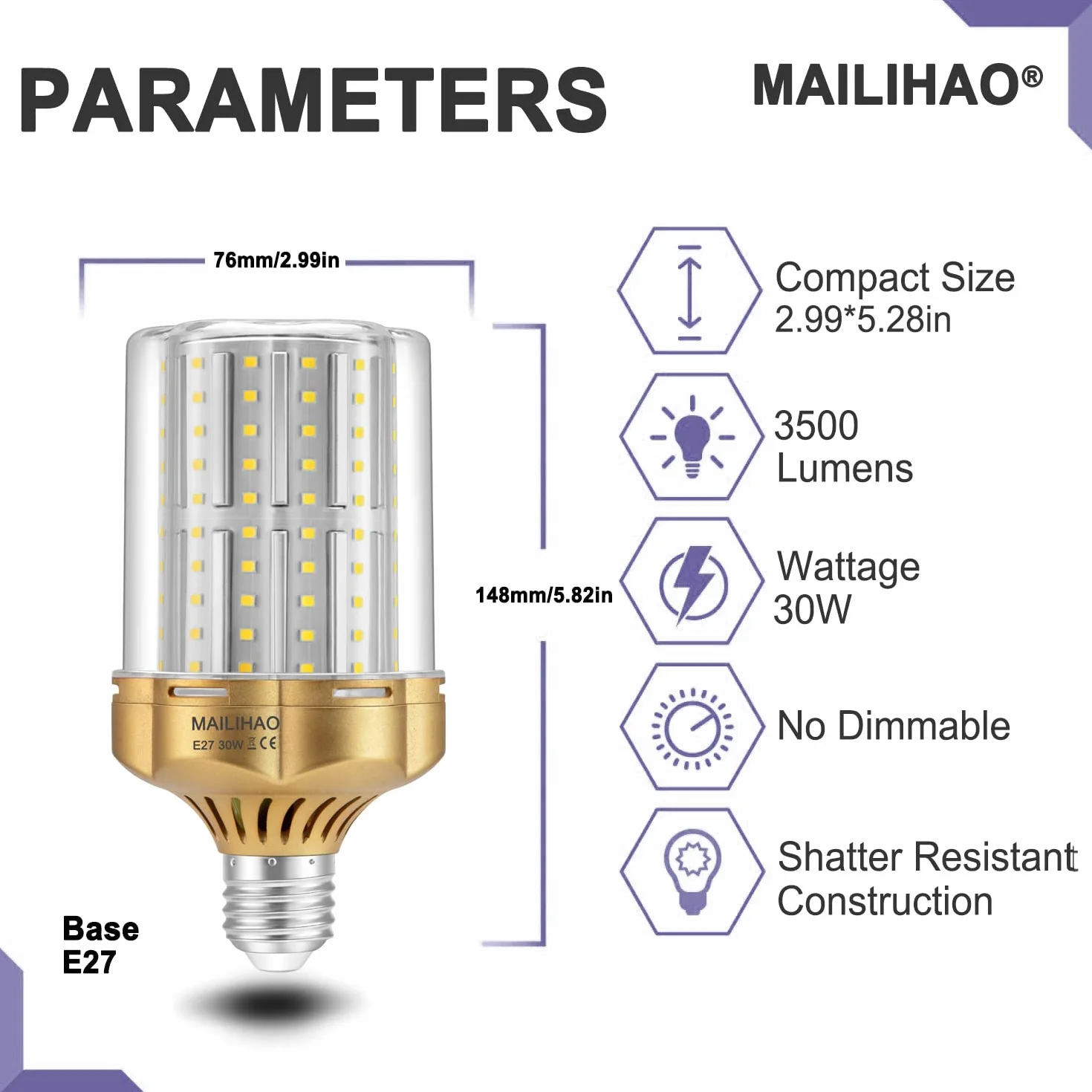 Żarówka LED E27 30W 4000K 3500lm Neutralna Biel Odpowiednik Halogenowej 250W Kukurydziana Bez Migotania