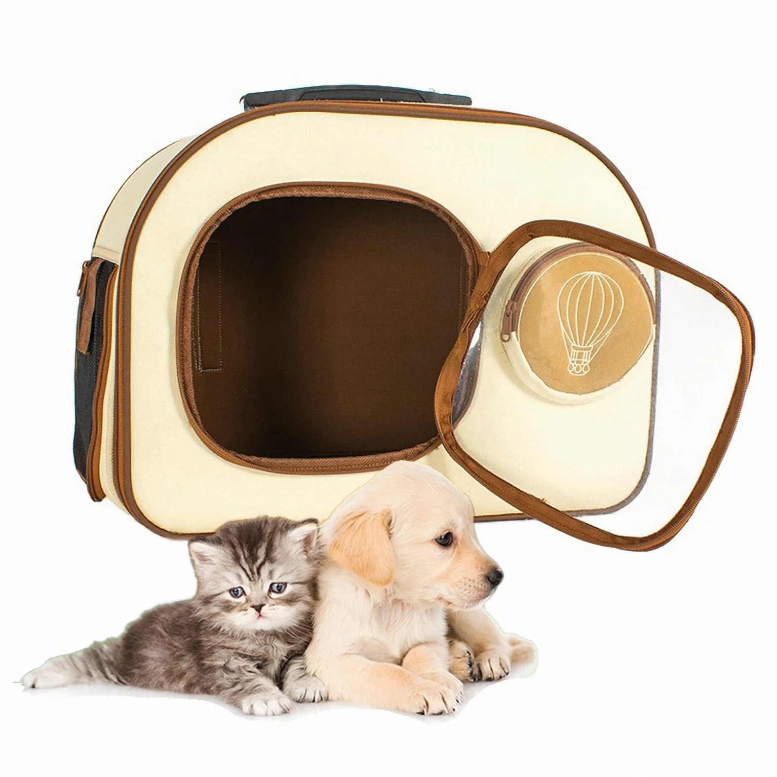 Oddychający nosidełko na wózek dla zwierząt z kółkami, z regulacją wysokości, przenośny plecak dla małego psa i kota, beżowy 1 (Beige2 Size)