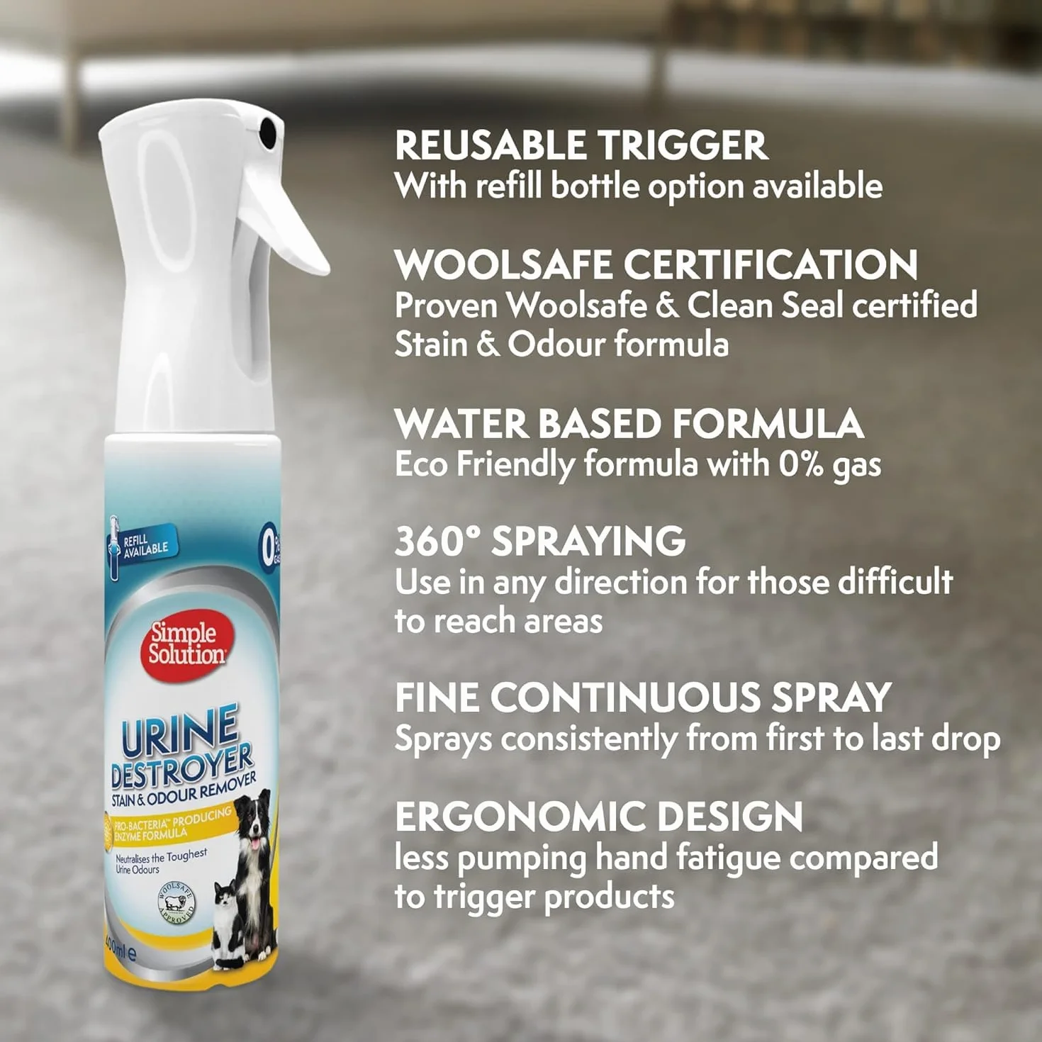 Simple Solution Nowa technologia rozpylania uzupełniania, niszczyciela moczu Pet Stain and Odour Remover with Pro-bacteria Cleaning Power - 400ml