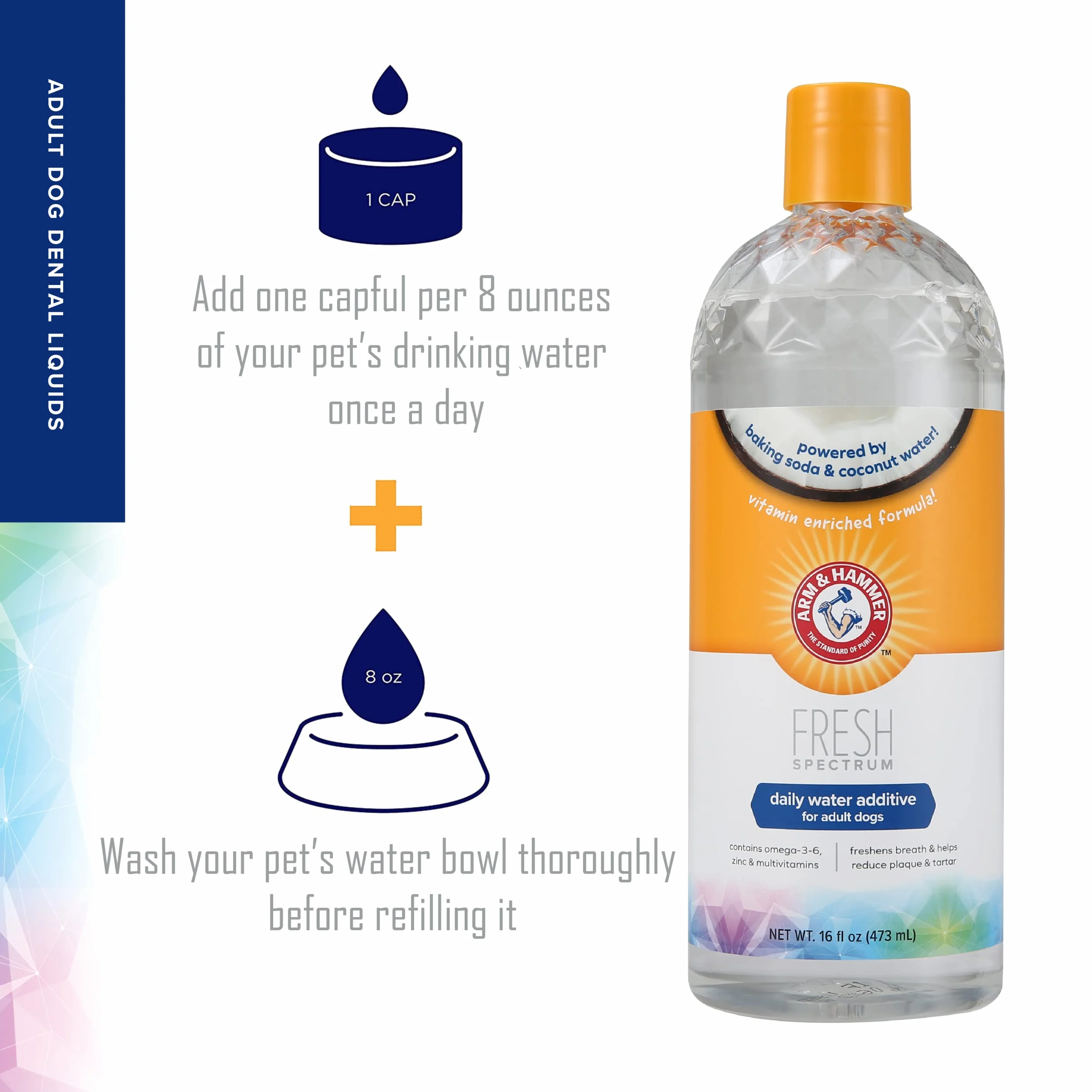 ARM & HAMMER Fresh Spectrum Coconut Mint hondenwateradditief, 473 ml, najlepszy tandverzorging dla honden, verwijdert tandplak en tandsteen