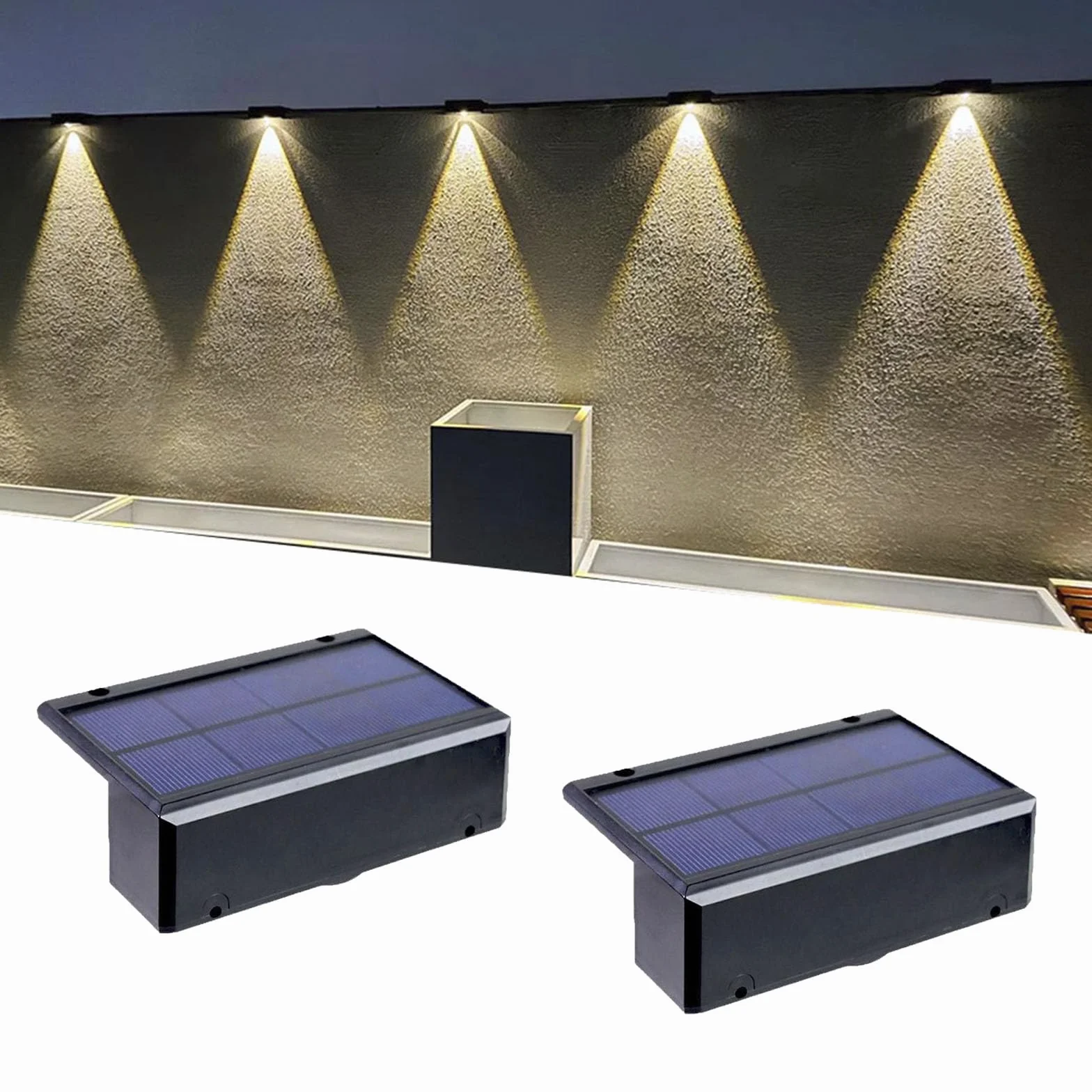 Lampy solarne LED do użytku na zewnątrz, 2 sztuki, IP65, do ogrodu, na schody, wodoodporne, na balkon, płot sztachetowy, do domu, na pokład i ogrodzenie, ciepła biel