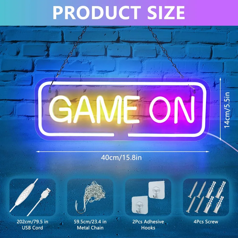 Neonowe światło LED GAME ON, szyld USB do gry, dekoracja ścienna