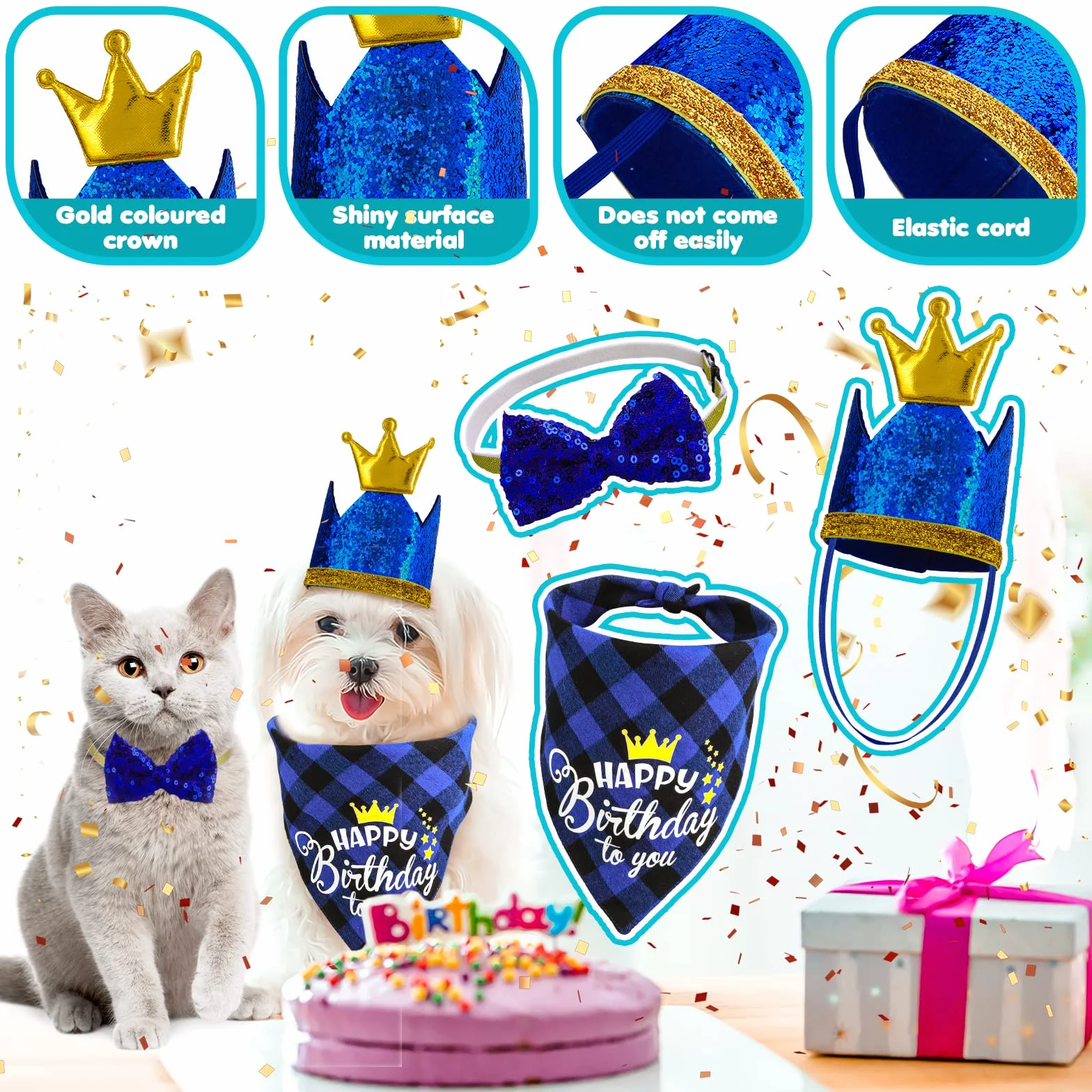 Cobee Urodzinowa bandana dla psa zestaw muszki, 3 sztuki artykuły na przyjęcie urodzinowe dla psa w kratę bandana błyszcząca korona czapka brokatowa muszka obroża dla małych średnich psów