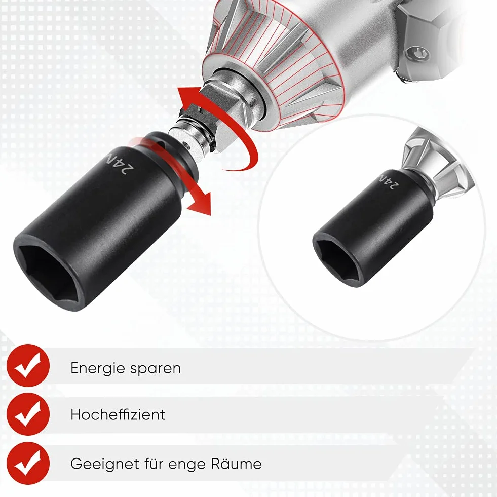 Zestaw 10 Głębokich Nasadek Udarowych 1/2" 6-Punktowych Metryczne 10-24mm z Adapterem i Etui Profesjonalne Klucze Pneumatyczne Do Samochodów i Warsztatów