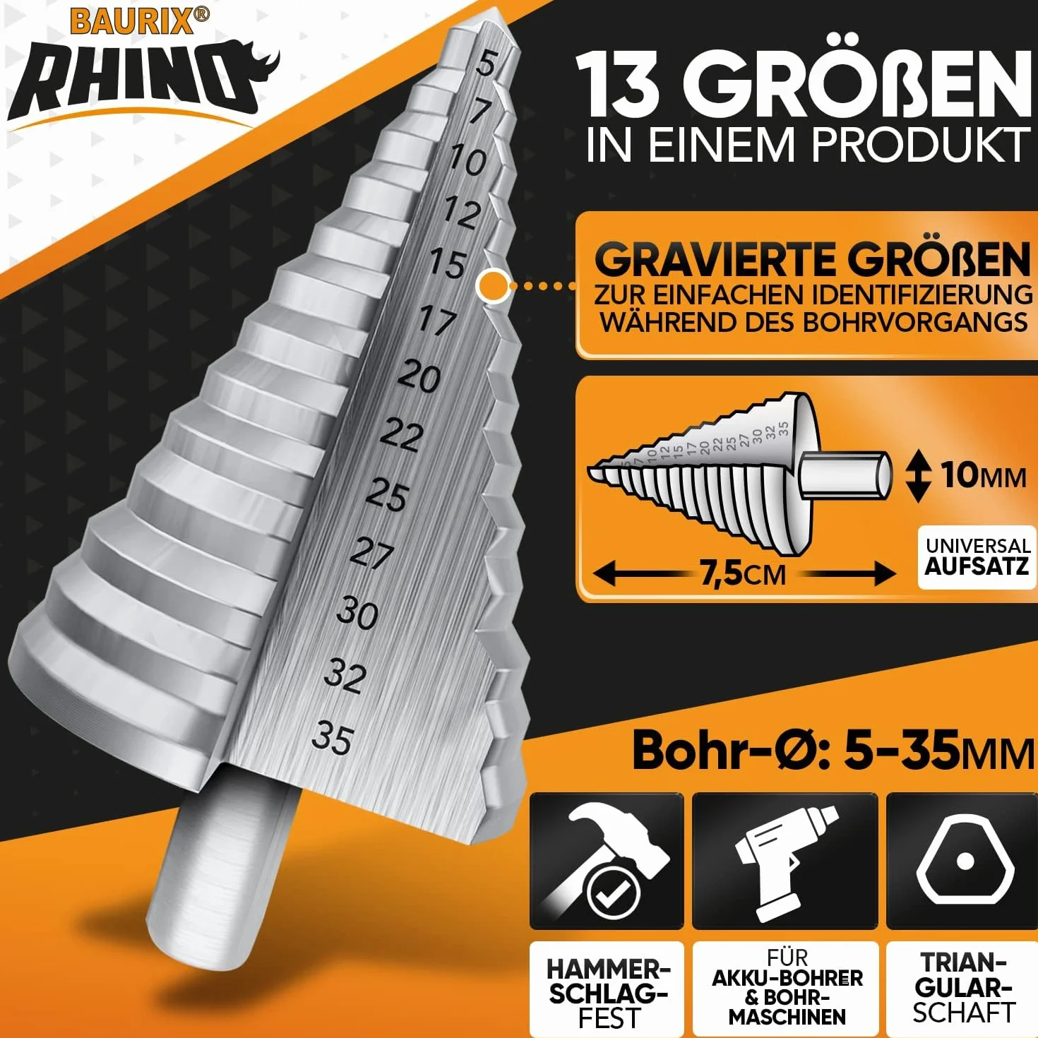 BAURIX® Wiertło stopniowe HSS RHINO® [Ø 5-35mm] - 10 mm trzonek trójkątny - Tokarka do metalu, drewna i tworzyw sztucznych (nie do stali nierdzewnej) - 13-stopniowe wiertło - Stożkowa końcówka