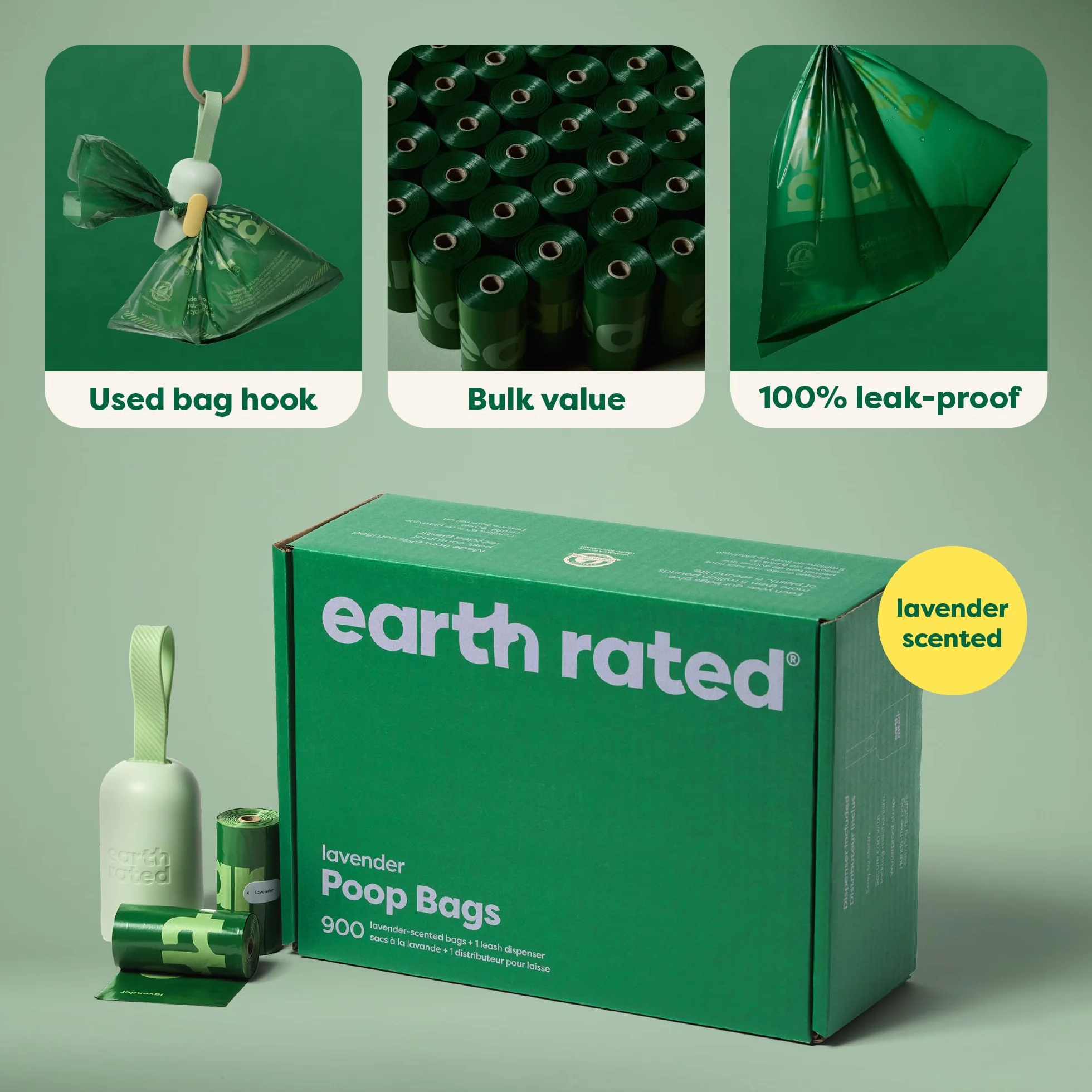 Earth Rated Pojemnik na Woreczki na Psie Odchody, Zapach Lawendy, 1 Pojemnik i 900 Woreczków