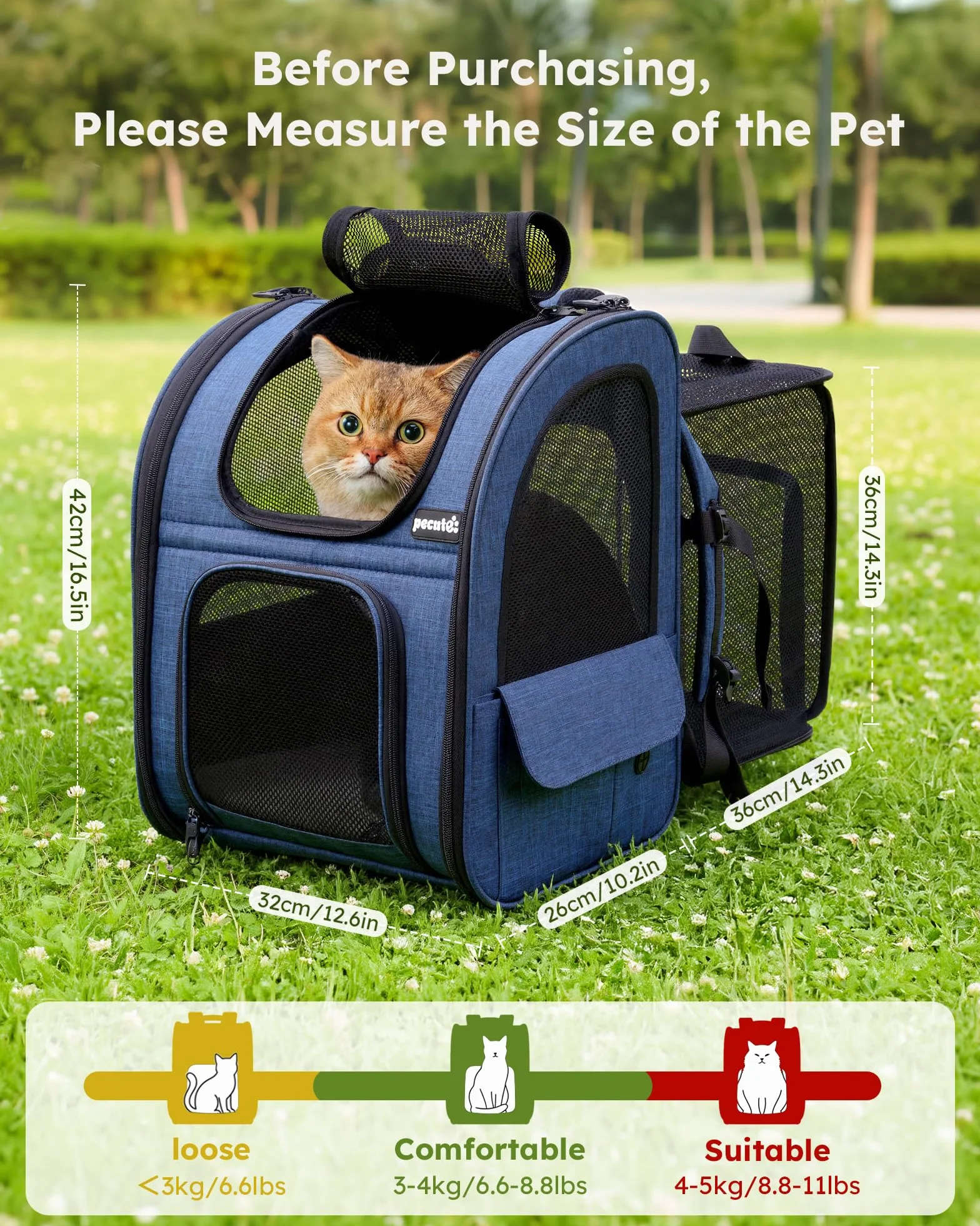Pecute nosidełko dla kota i psa, rozszerzane, przenośne, oddychający plecak z przednimi kieszeniami okiennymi z siatki, wysuwane plecy, więcej miejsca, idealny do przenoszenia szczeniaków, psów, kotów do 10 kg (niebieski)