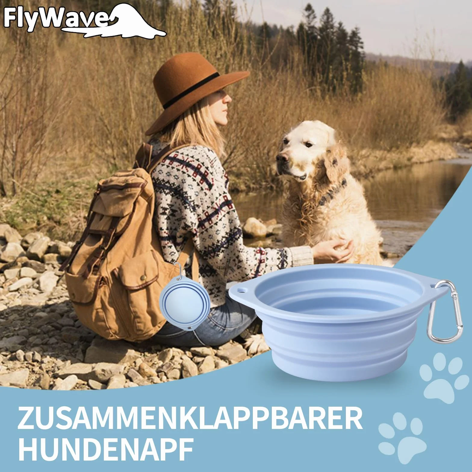 FlyWave Składana miska dla psa w podróży, miska podróżna dla psa, zabezpieczona przed wyciekiem, miska do picia dla psa na podróż, składana, 350 ml, niebieska