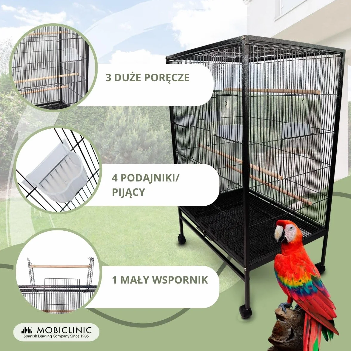Mobiclinic® pets, Klatka dla ptaków, Nymph, Kółka transportowe, Hamulce, Otwieranie od góry, Wyjmowana taca, 8 drzwiczek, Duż rozmiar
