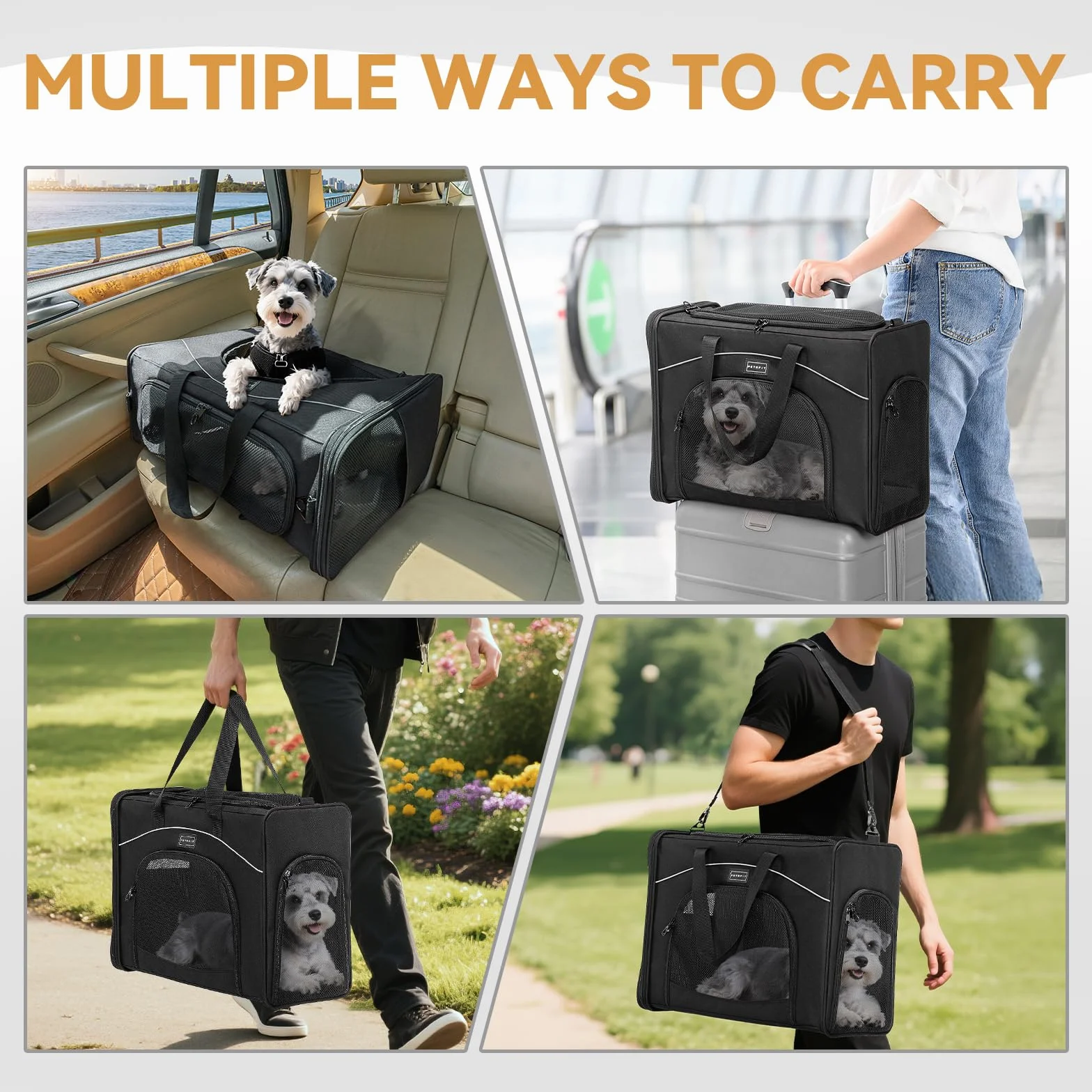 Petsfit Torba dla psa, samolot, 55 x 40 x 23 cm, torba transportowa dla psa, kota, bezpieczny transport w samochodzie, samolocie i pociągu, z 2 metodami umieszczenia, L/czarna