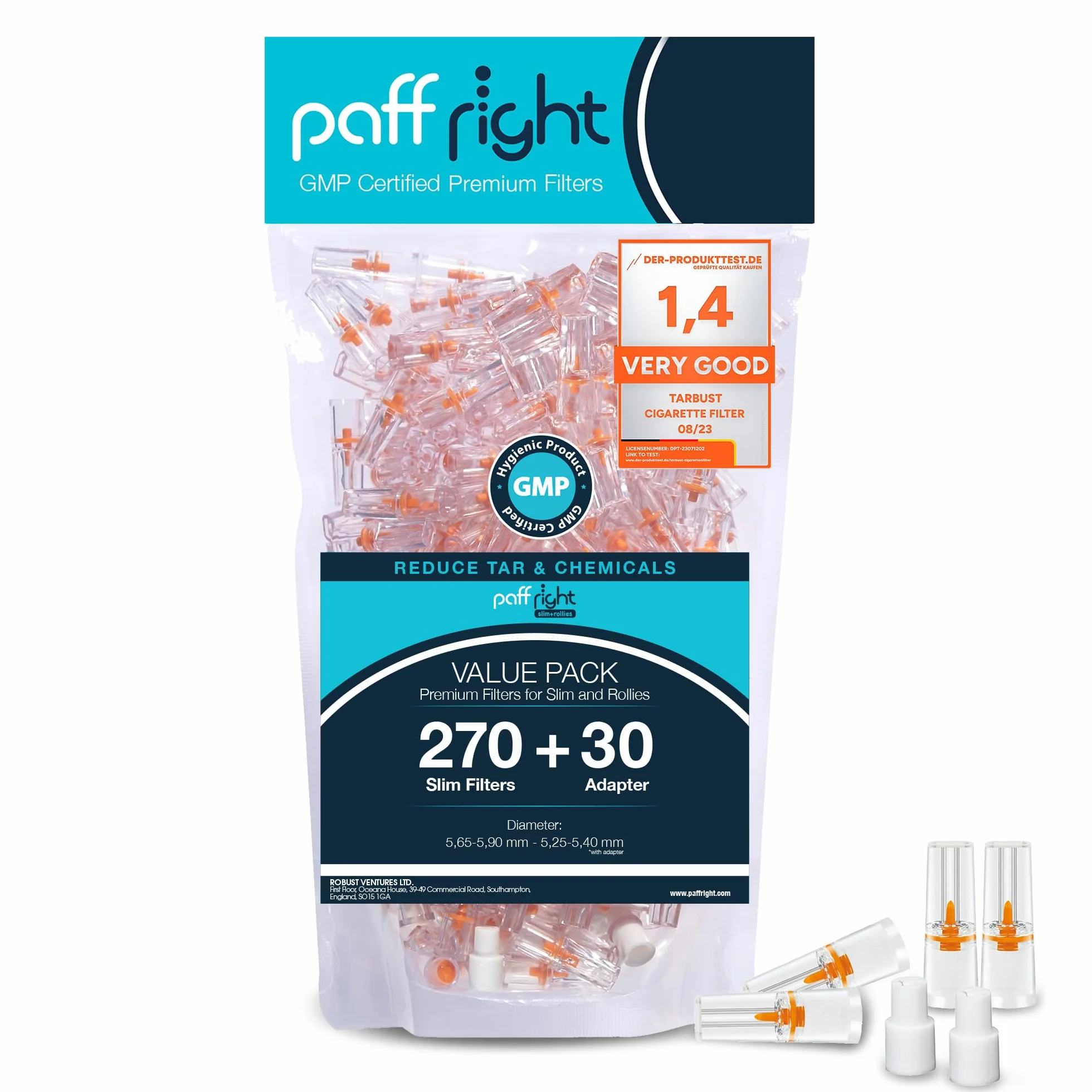 Paffright Slim 270+30 filtrów do papierosów, filtr antysmolisty, plastikowy filtr 5,25 mm - 6 mm, ustnik do papierosów slim