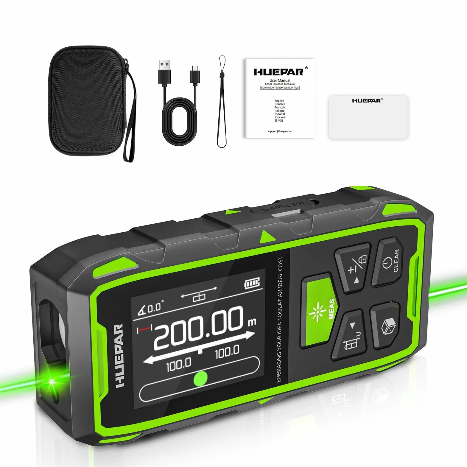 Huepar Miernik Laserowy 396FT Cyfrowy Pomiar Odległości z 2 Poziomicami Bąbelkowymi i Podświetlanym LCD