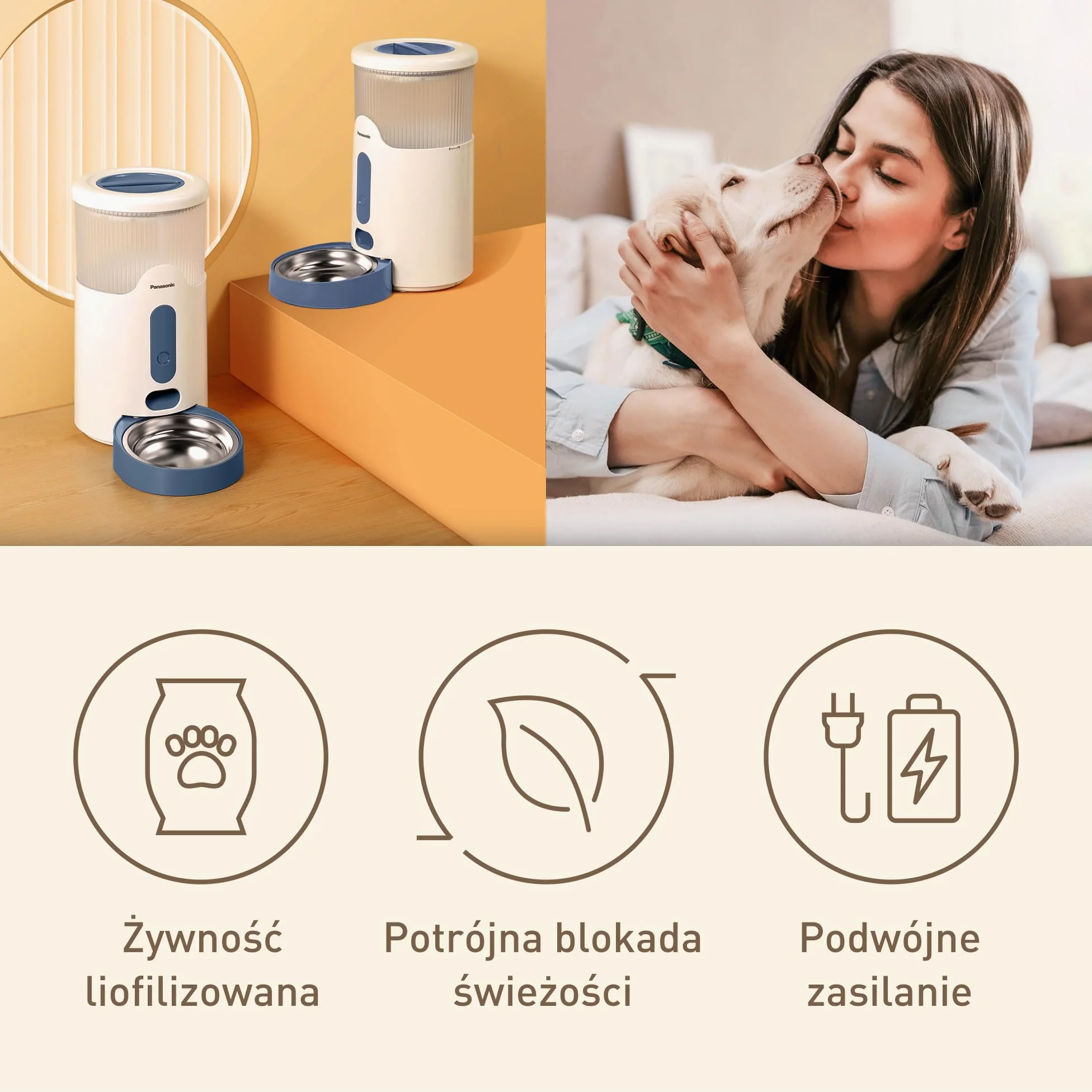 Panasonic CP-JNF01-W Inteligentny Podajnik Karmy dla Kotów i Średnich Psów, Pojemność 2,8 L, Zdalne Sterowanie Aplikacją, Monitorowanie Poziomu Jedzenia, Wi-Fi, Do Zmywarki, Podwójne Zasilanie, Biały