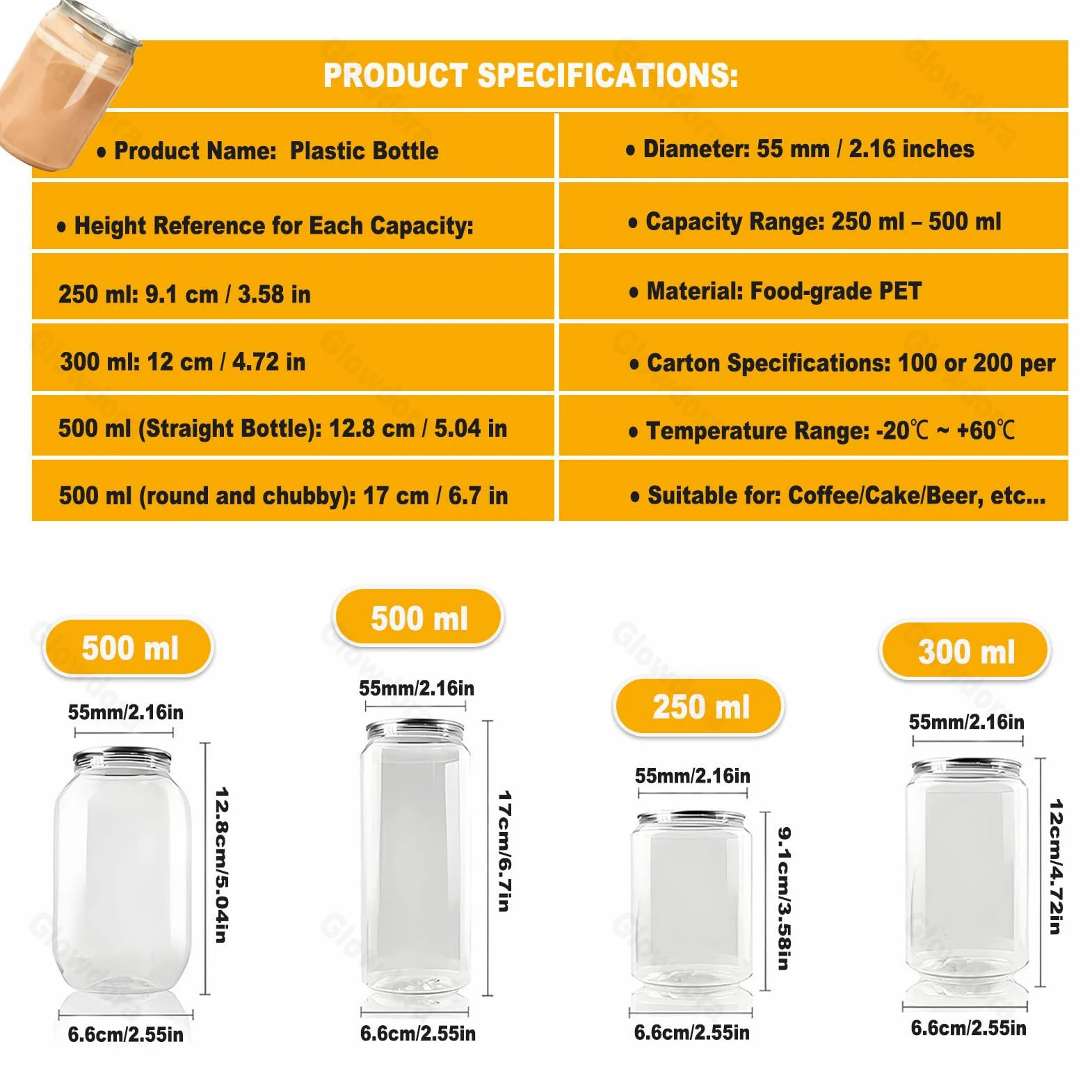 Plastikowe butelki dla zwierząt domowych z pokrywkami, szczelne pojemniki na sok, wodę, napoje gazowane, smoothie, przezroczyste słoiki klasy spożywczej, 250 ml do 500 ml, zestaw 200 szt