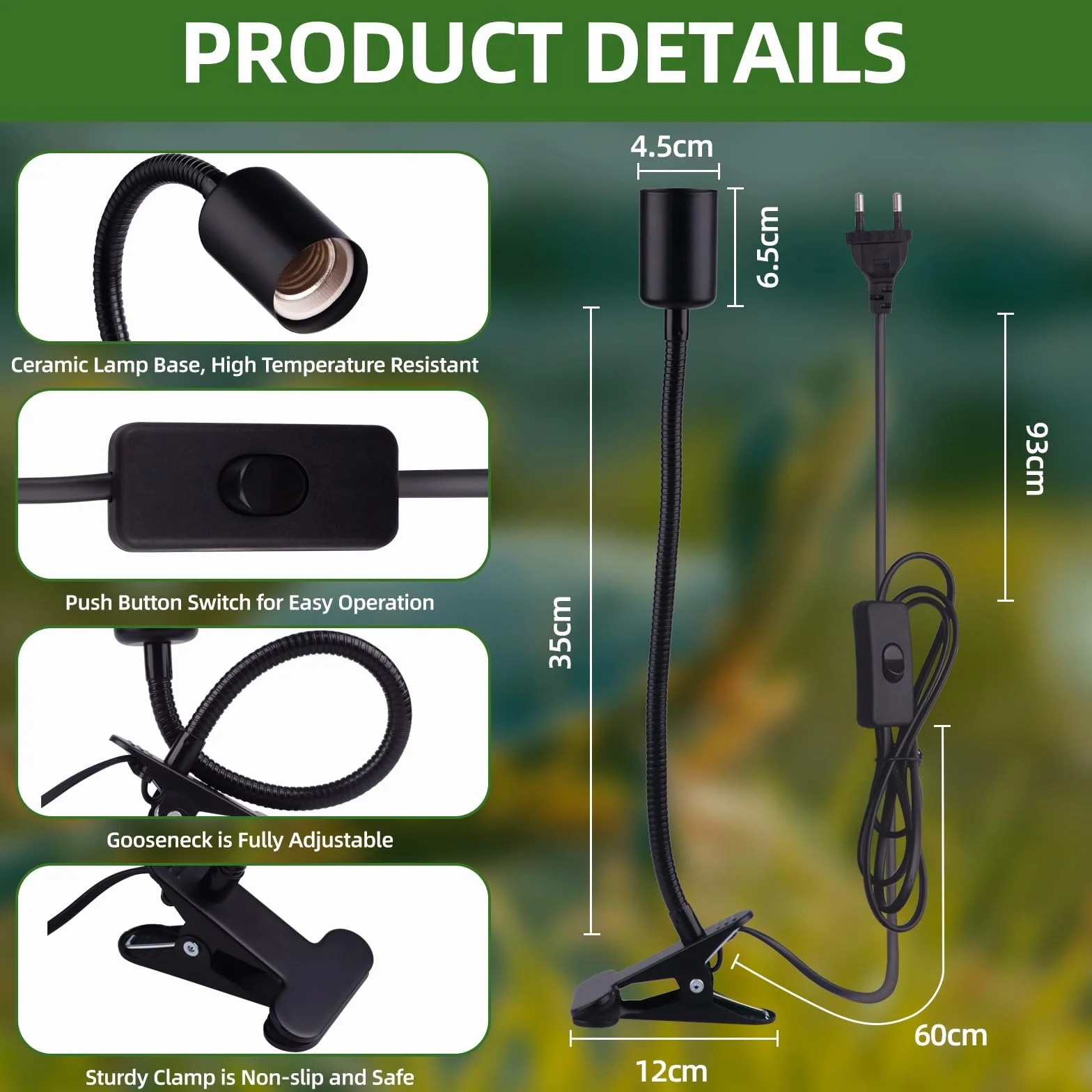 Oprawka lampy E27, czarna, z przełącznikiem i kablem, maks. 150 W, terrarium 220 V, ceramiczna oprawka E27 z zaciskiem do żółwia, gadów, lampa grzewcza (bez żarówki)