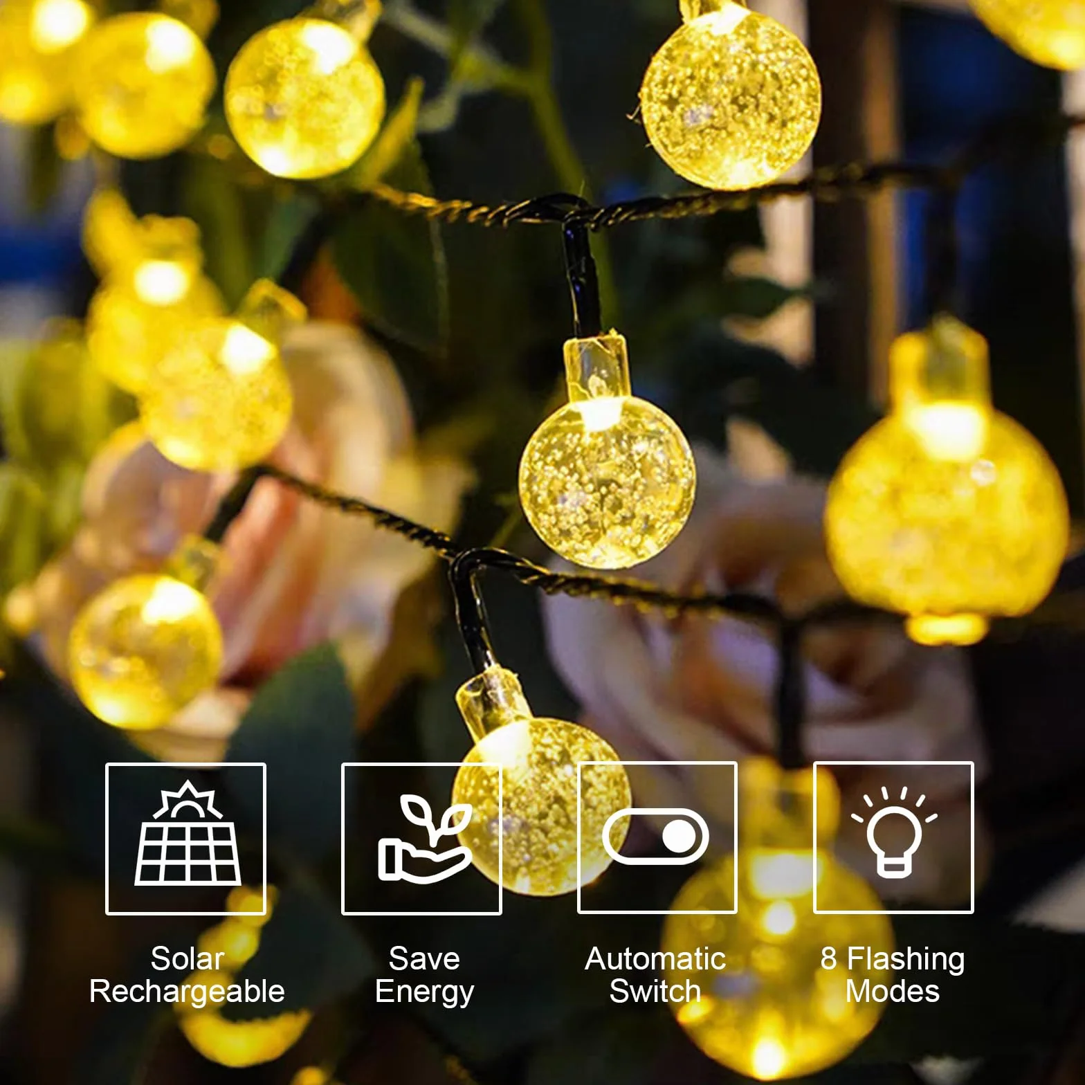 LQWELL® Słoneczne wróżki do ogrodu na zewnątrz, słoneczne łańcuchy świetlne Kryształowe kule 30LED 8 M 26FT IP44 8 trybów Wróżki do ogrodu na patio (Ciepła biel)
