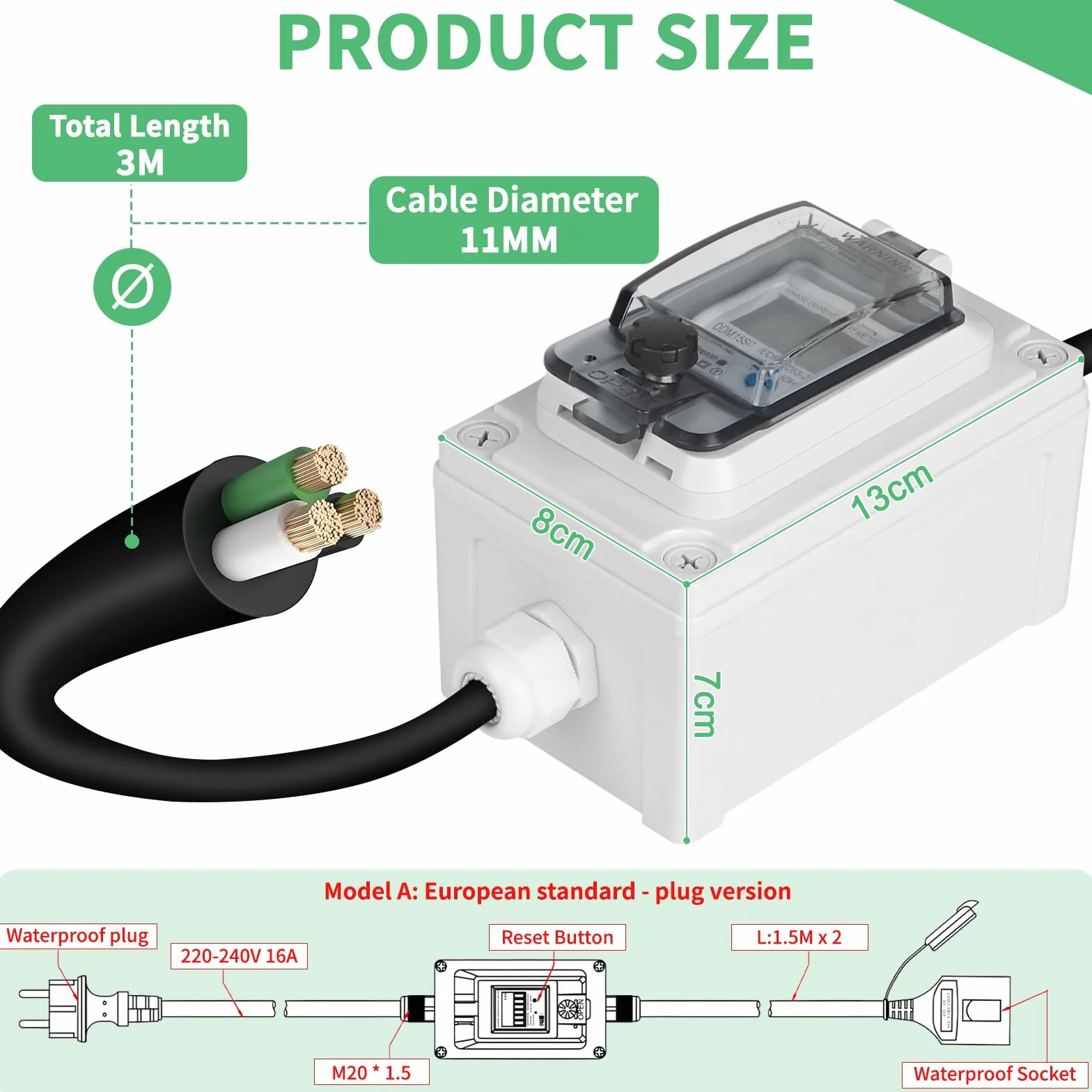 SWAWIS Mobilny cyfrowy licznik prądu 230 V, IP67, miernik zużycia prądu, mobilny, outdoorowy, KWH, gniazdko elektryczne z LED/resetem, miernik zużycia energii do samochodów kempingowych, pojazdów
