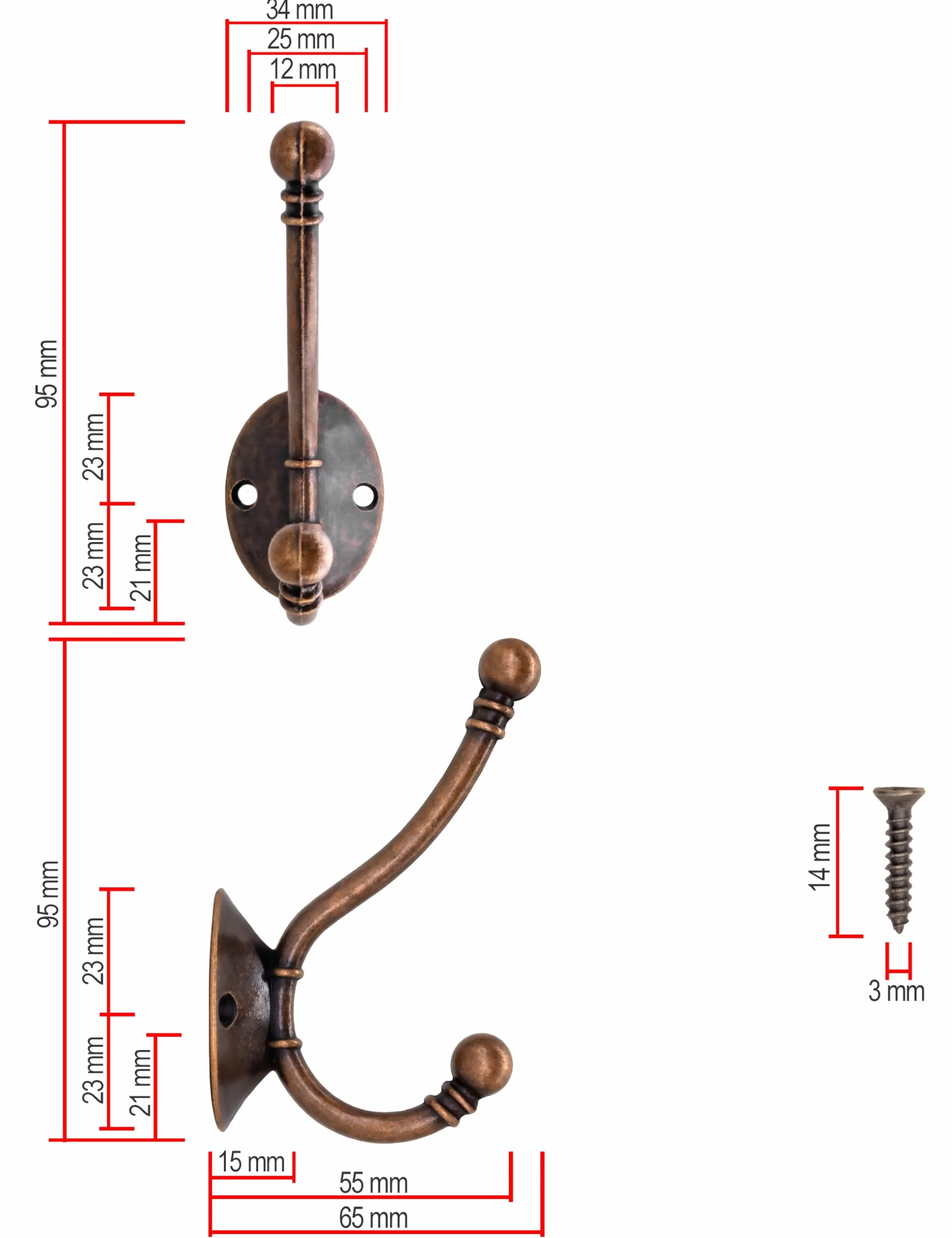 Fuxxer Klasyczne haczyki do garderoby, żelazne haki, 90 mm, miedziane wzornictwo, zestaw 5 sztuk