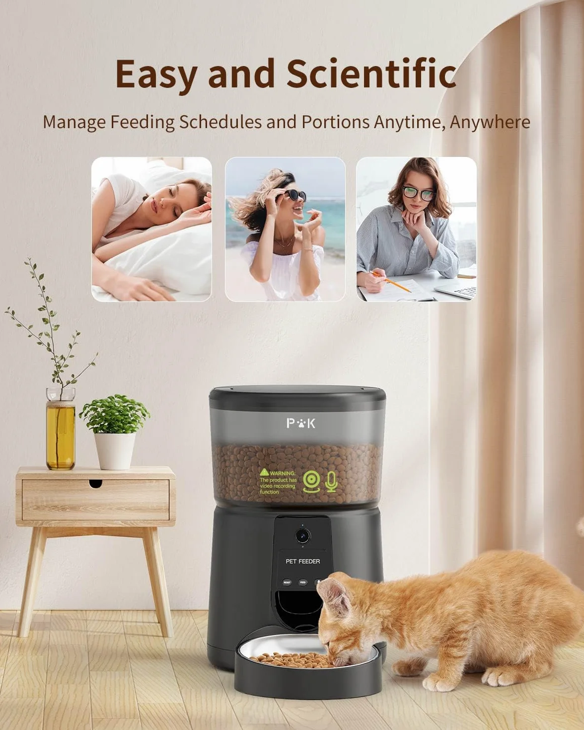 PUPPY KITTY Automatyczny dozownik karmy dla kota z kamerą 1080P, 2,4 G WiFi z aplikacją audio, noktowizor Miska ze stali nierdzewnej, 1–8 posiłków dziennie