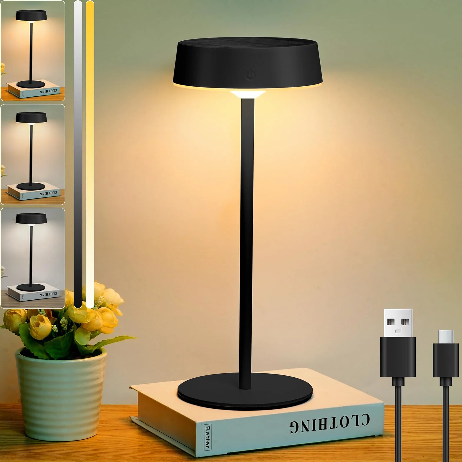 HOTUT Solarna lampa stołowa, bezprzewodowa, 4000 mAh, do użytku na zewnątrz, zasilana energią słoneczną i USB-C, z funkcją ściemniania, dotykowa lampa stołowa LED z 3 trybami kolorów, wodoszczelność
