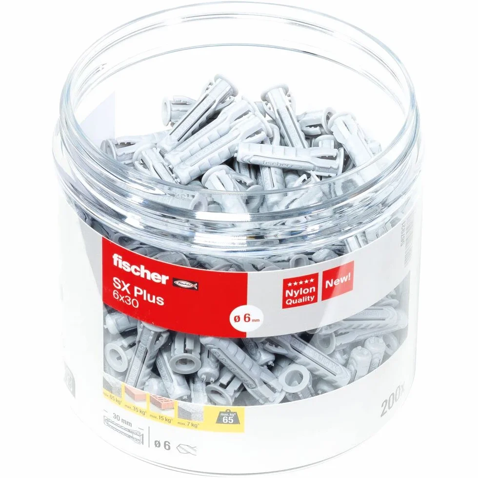 fischer Kołek rozporowy SX Plus 6 x 30, poręczna okrągła puszka z 200 kołkami nylonowymi, kołki do optymalnego mocowania w betonie, cegle perforowanej, betonie komórkowym, cegle pełnej i wielu innych