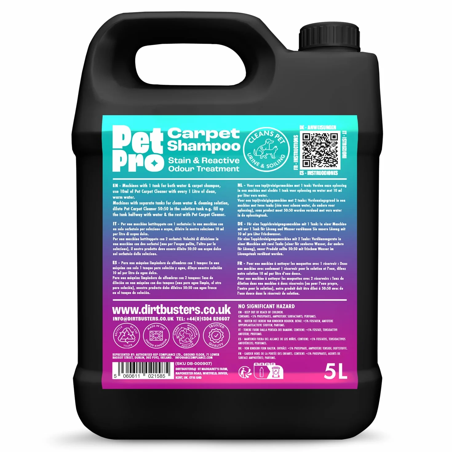 Dirtbusters Pet Pro Szampon do czyszczenia dywanów, głębokie czyszczenie, środek do usuwania plam z neutralizatorem zapachów, do usuwania moczu psa i kota, roztwór do czyszczenia dywanów do szamponów,
