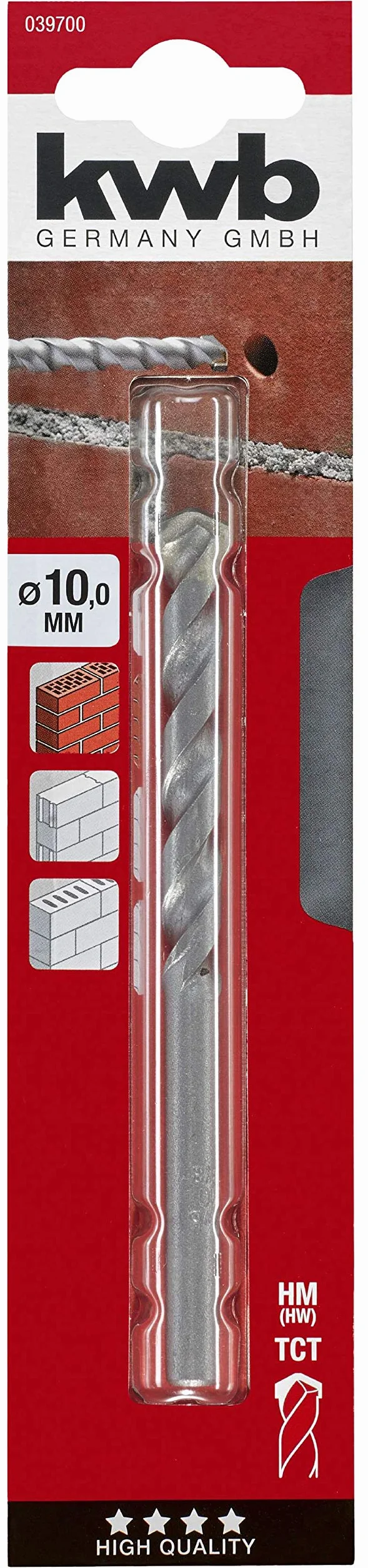 kwb Wiertło do betonu kamionkowego Ø 10 mm z wytrzymałą płytą z twardego metalu, spirala wiertnicza bez wiórów, powierzchnia kulista i trzonek okrągły, odpowiada ISO 5468