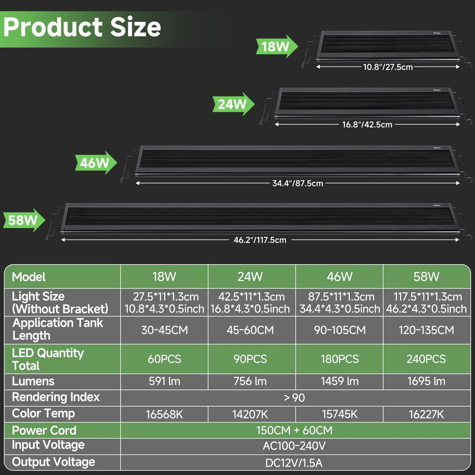 Hygger Oświetlenie LED do akwarium 24/7, lampa z kontrolerem, 5 trybów, 8 kolorów, 58 W, 120-135 cm