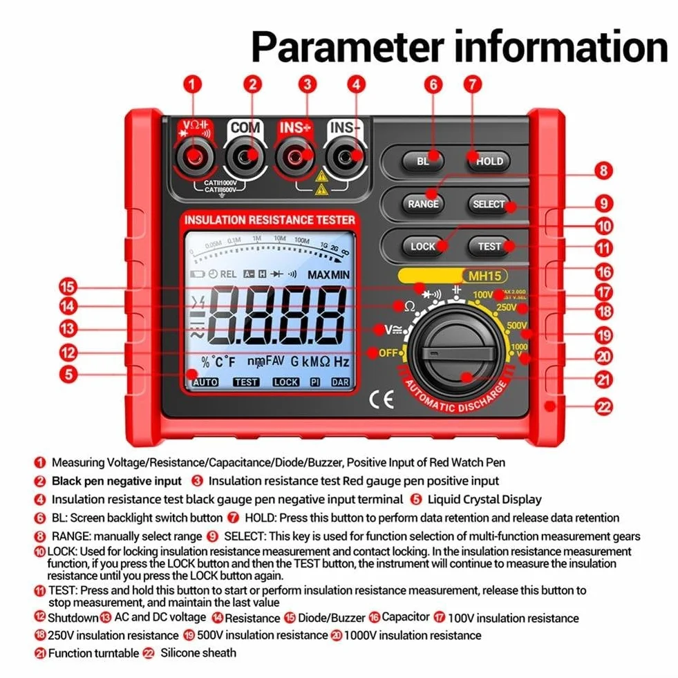 MH15 Cyfrowy Megohmmeter Tester Rezystancji Izolacji, 100 V 250 V 500 V 1000 V Wyświetlacz LCD, Do Testowania Przełączników Kabli Motorowych