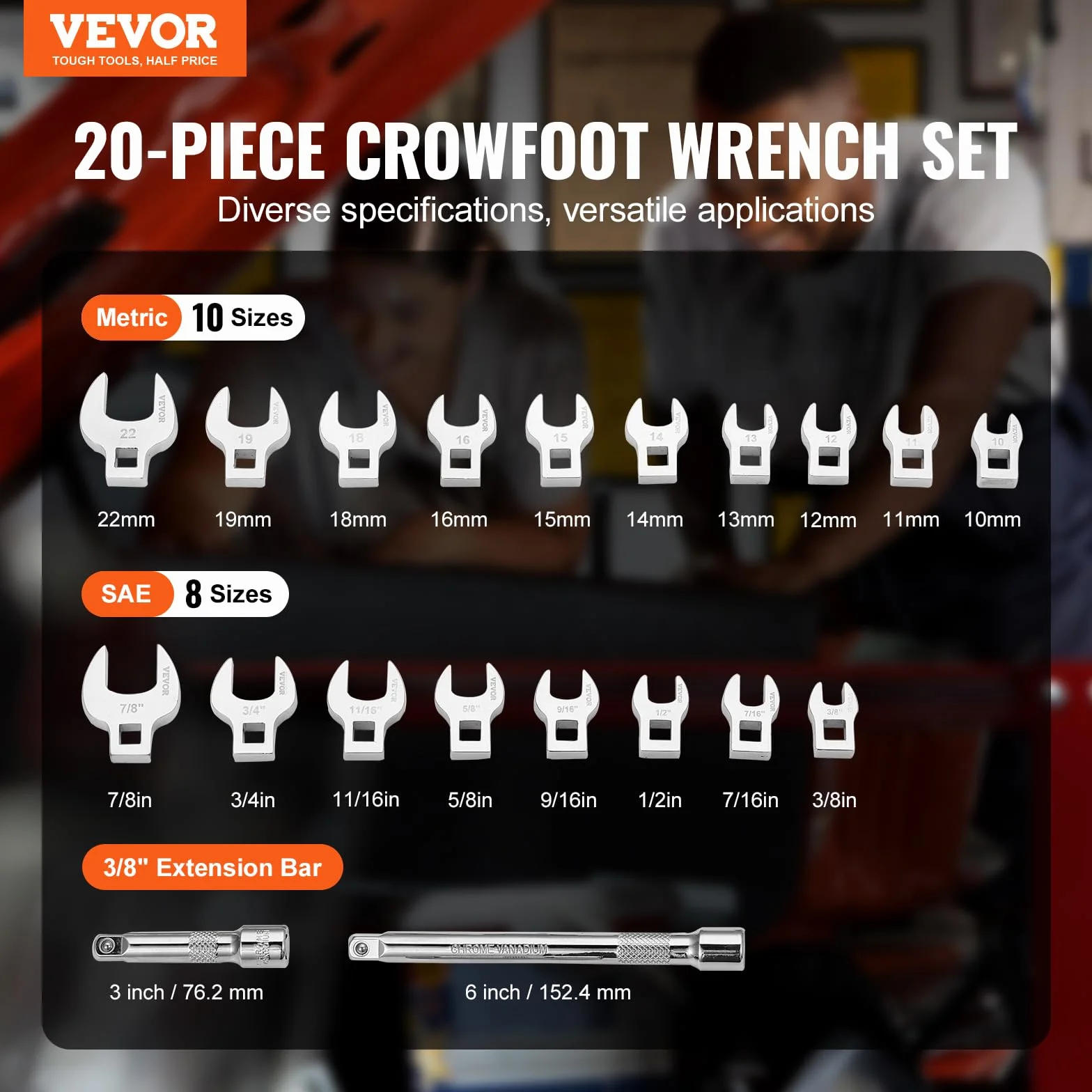 VEVOR Crowfoot zestaw kluczy 3/20.3 cm, 20-częściowy zestaw kluczy nożnych Crows z 2 drążkami przedłużającymi i organizerem narzędzi EVA, SAE 3/20.3 cm-7/20.3 cm i metryczny 10-22 mm, materiał 40CR z