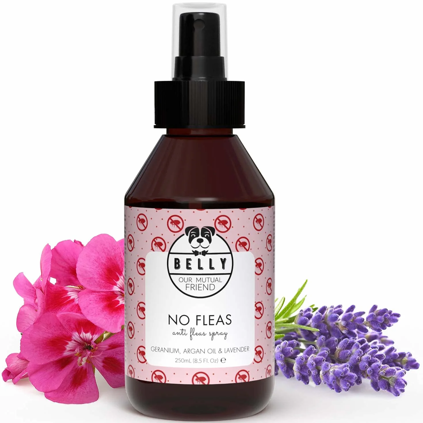 Belly Spray przeciw pchłom, 250 ml, bez plam i pozostałości, domowy spray przeciw pchłom z lawendą, geranium, olejem arganowym, chroni pchły, kleszcze i komary - Wegański - Wyprodukowano w Niemczech