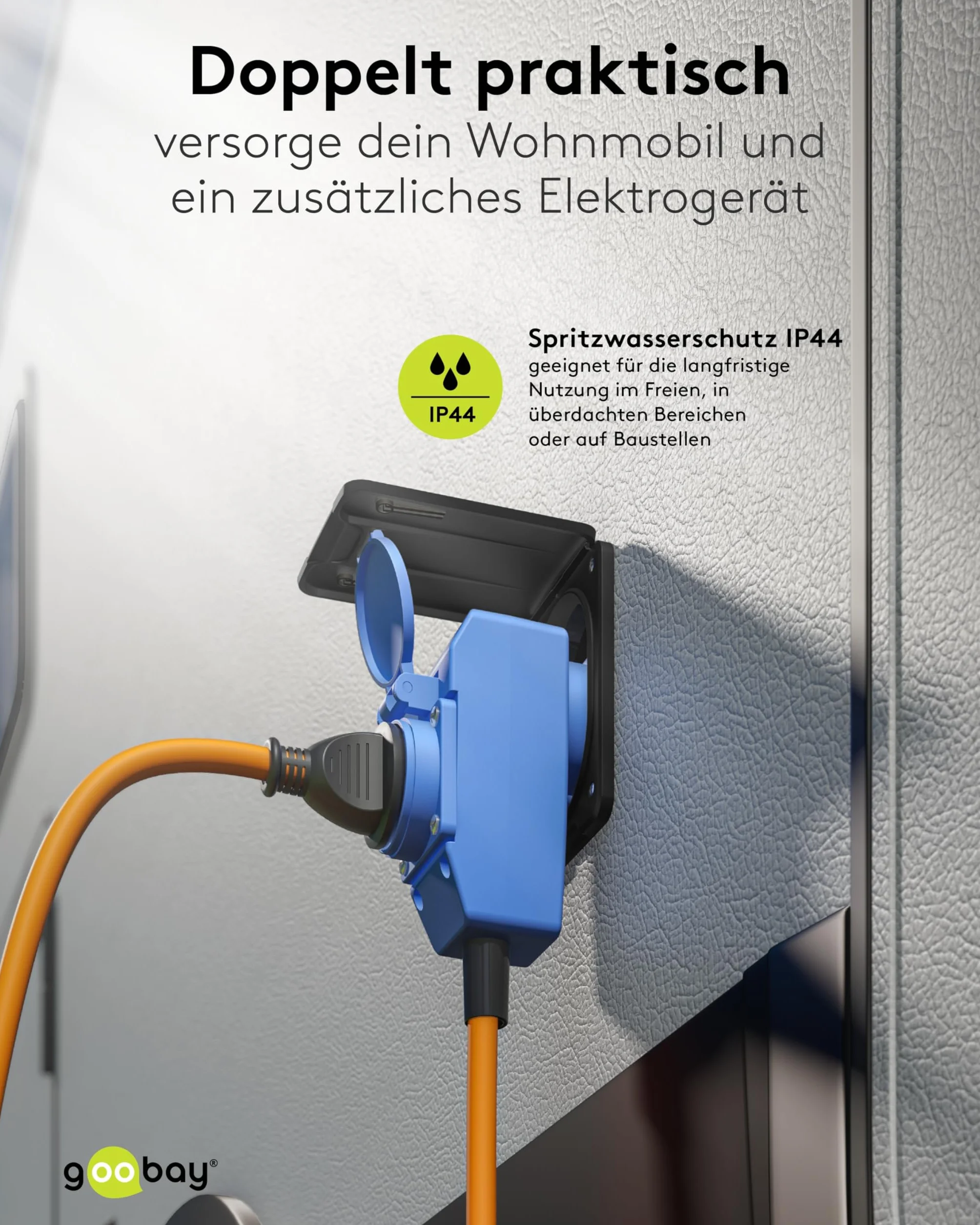 goobay Kabel adaptera CEE do przyczepy kempingowej, 1,5 m, wtyczka ze stykiem ochronnym do 90° CEE i gniazdkiem ochronnym ze stykiem ochronnym z nasadkami zamykającymi, kabel kempingowy, samochód